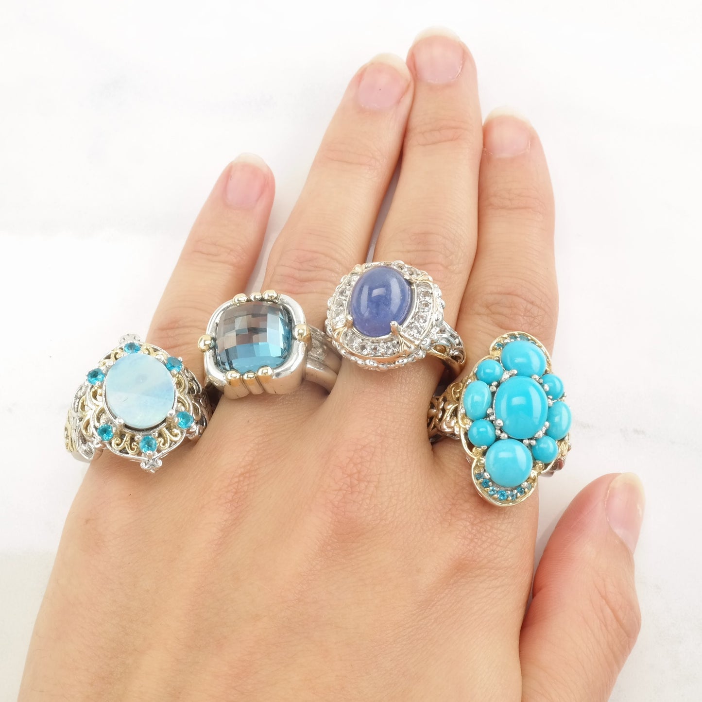 Vintage STS Ring Turquoise Apatite Two Tone Sterling Silver Size 7