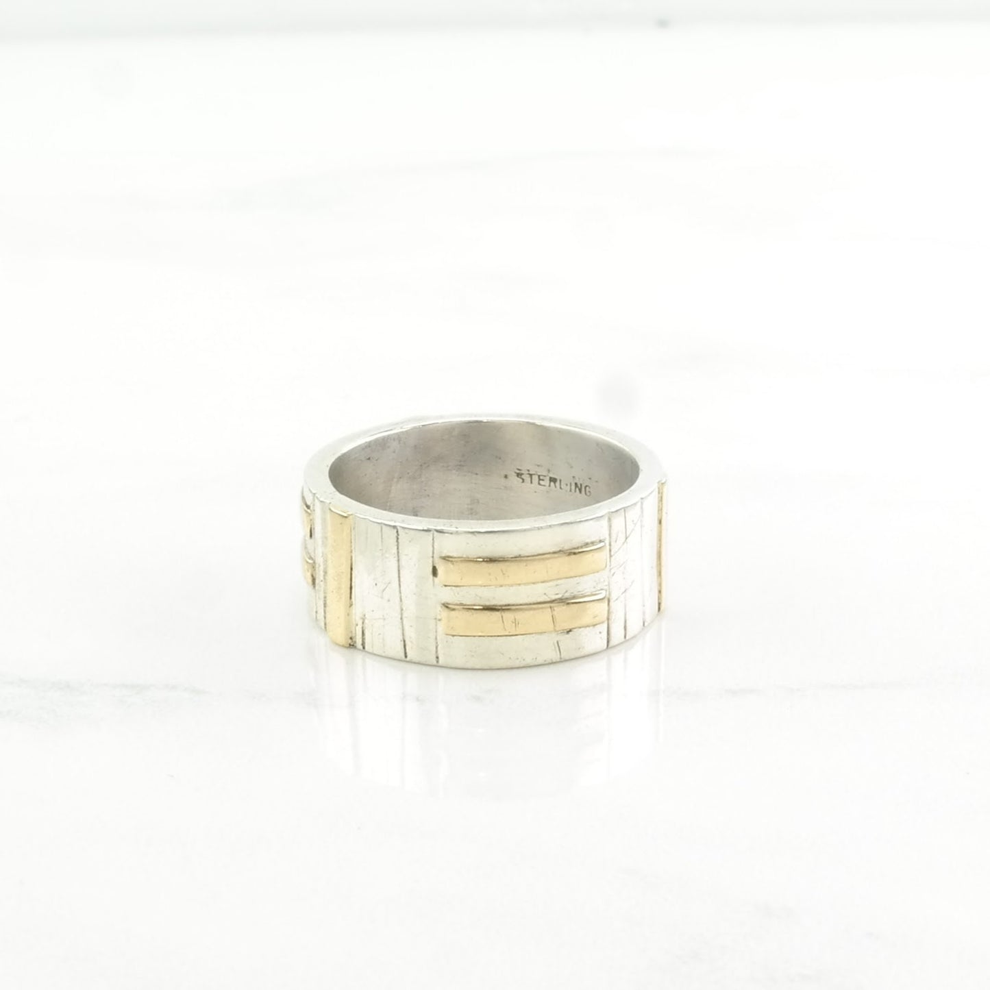 Vintage Ruff Silver Ring Band Gold Toned Accents Sterling Size 6 1/2