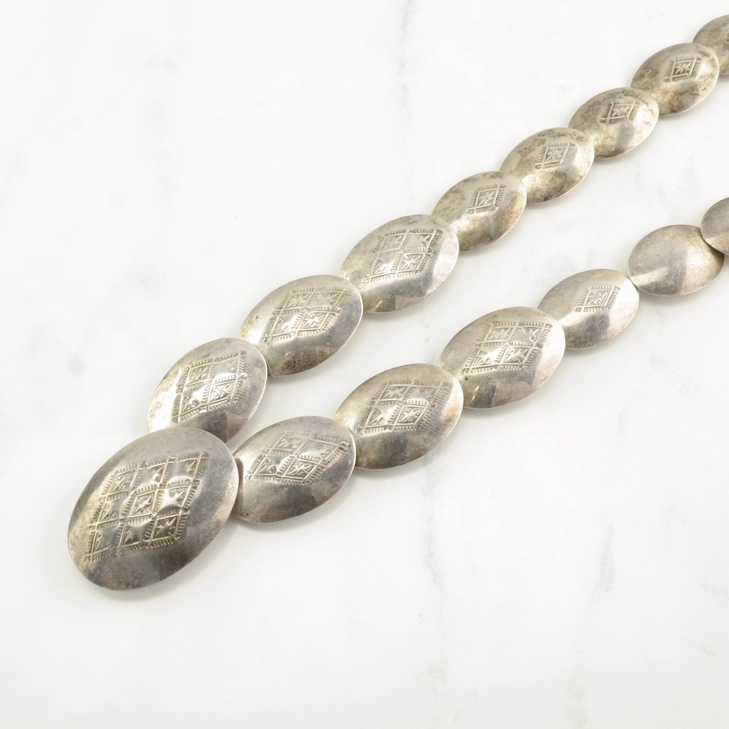 Vintage Native American Sterling Silver Flat Beads Stamped Necklace