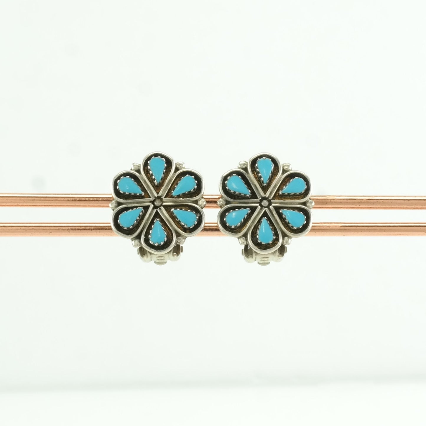 Vintage Sterling Silver Clip on Earrings Native American Blue Turquoise Needle Point, Floral