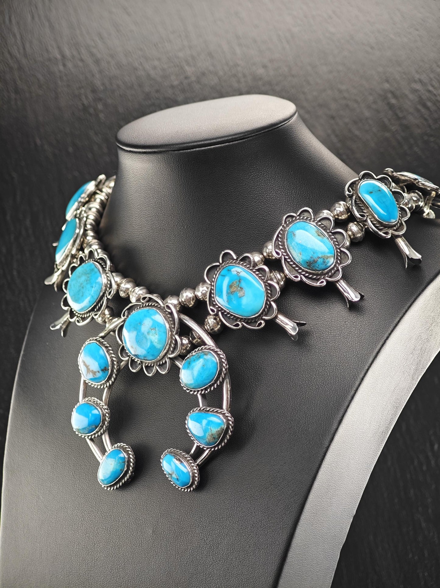 Southwest Turquoise Floral, Squash Blossom Necklace Sterling Silver