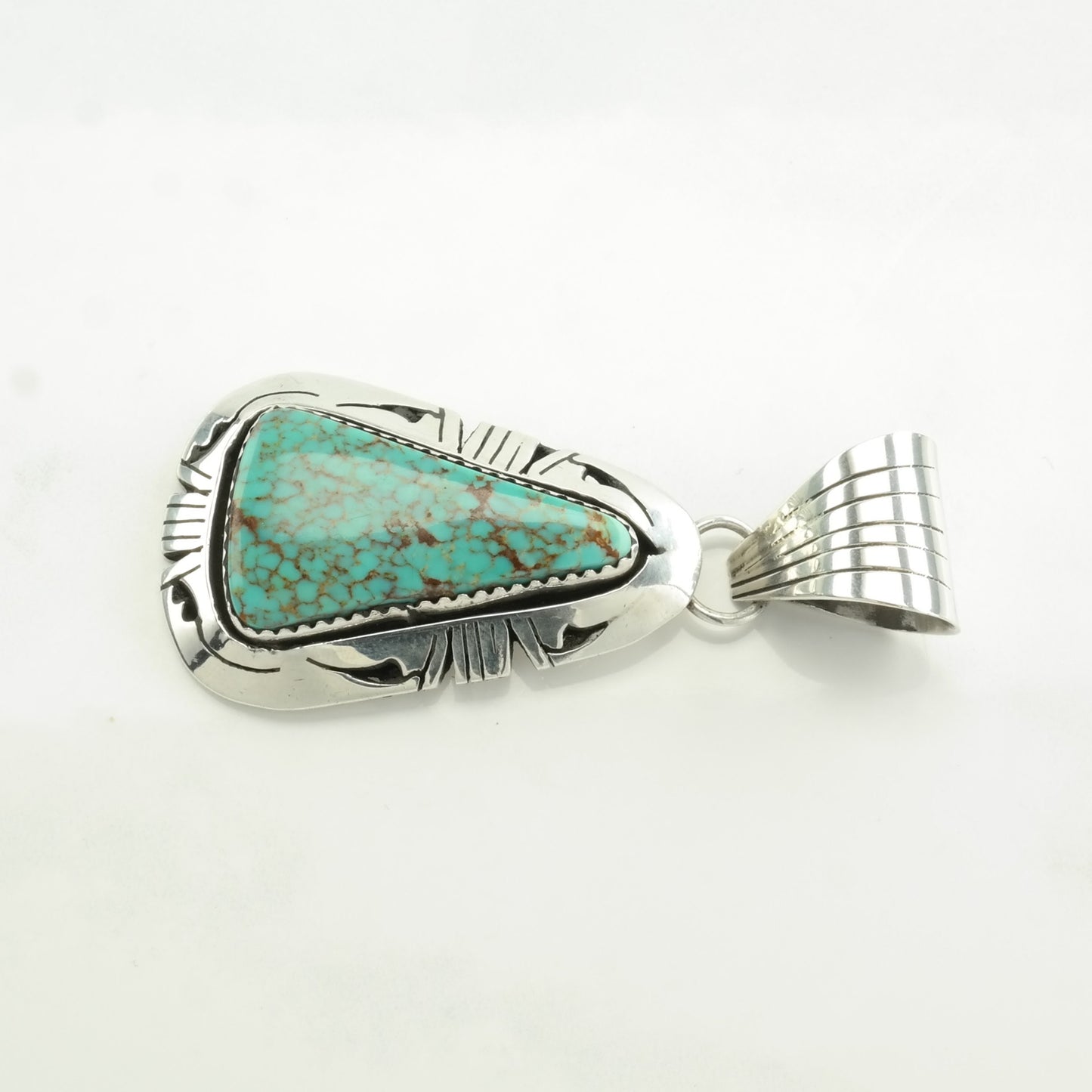 Vintage Native American Spiderweb Turquoise Triangle Sterling Silver Pendant