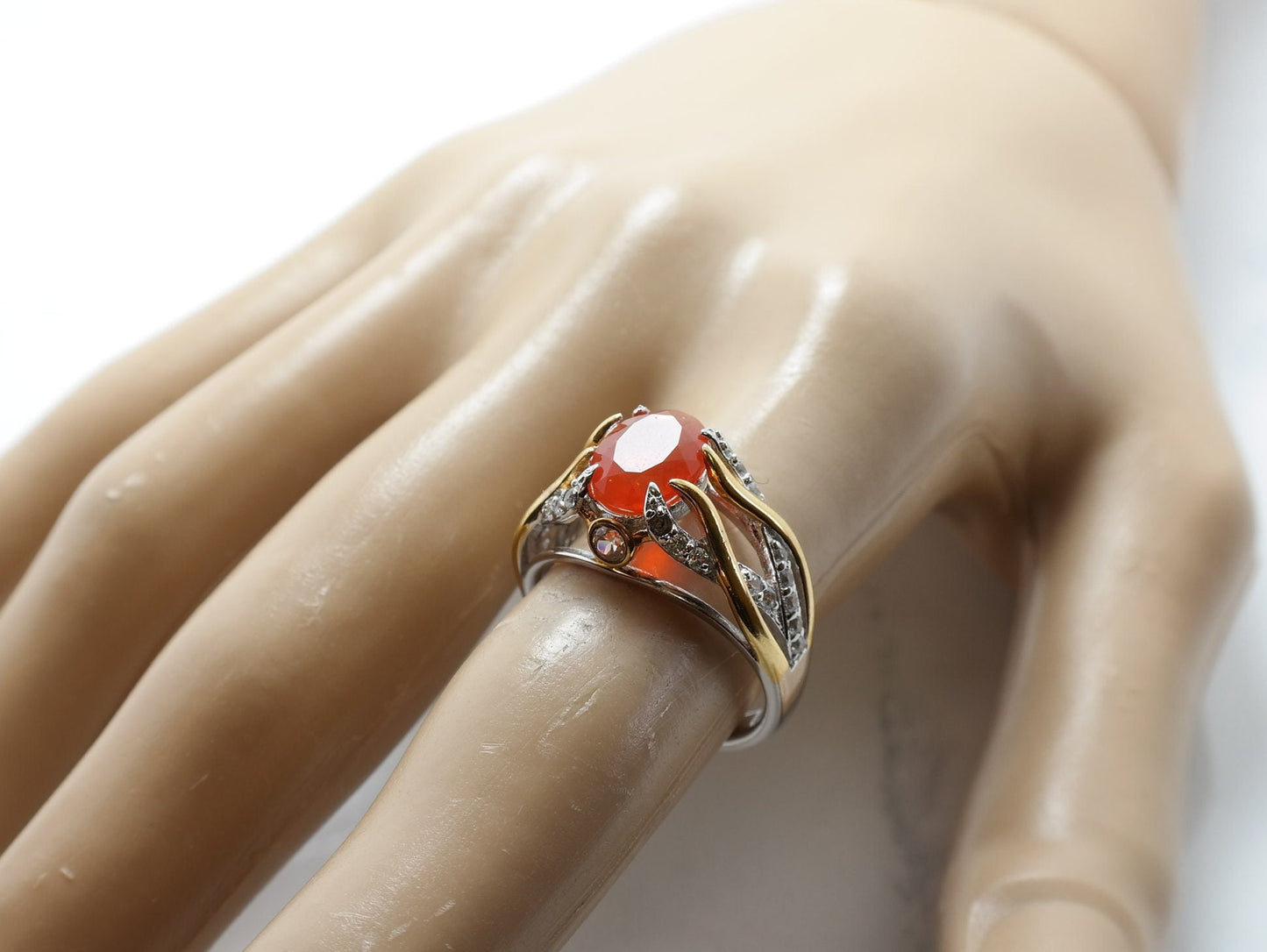 Vintage Sterling Silver Ring Fire Opal Gold Plated Orange Size 7