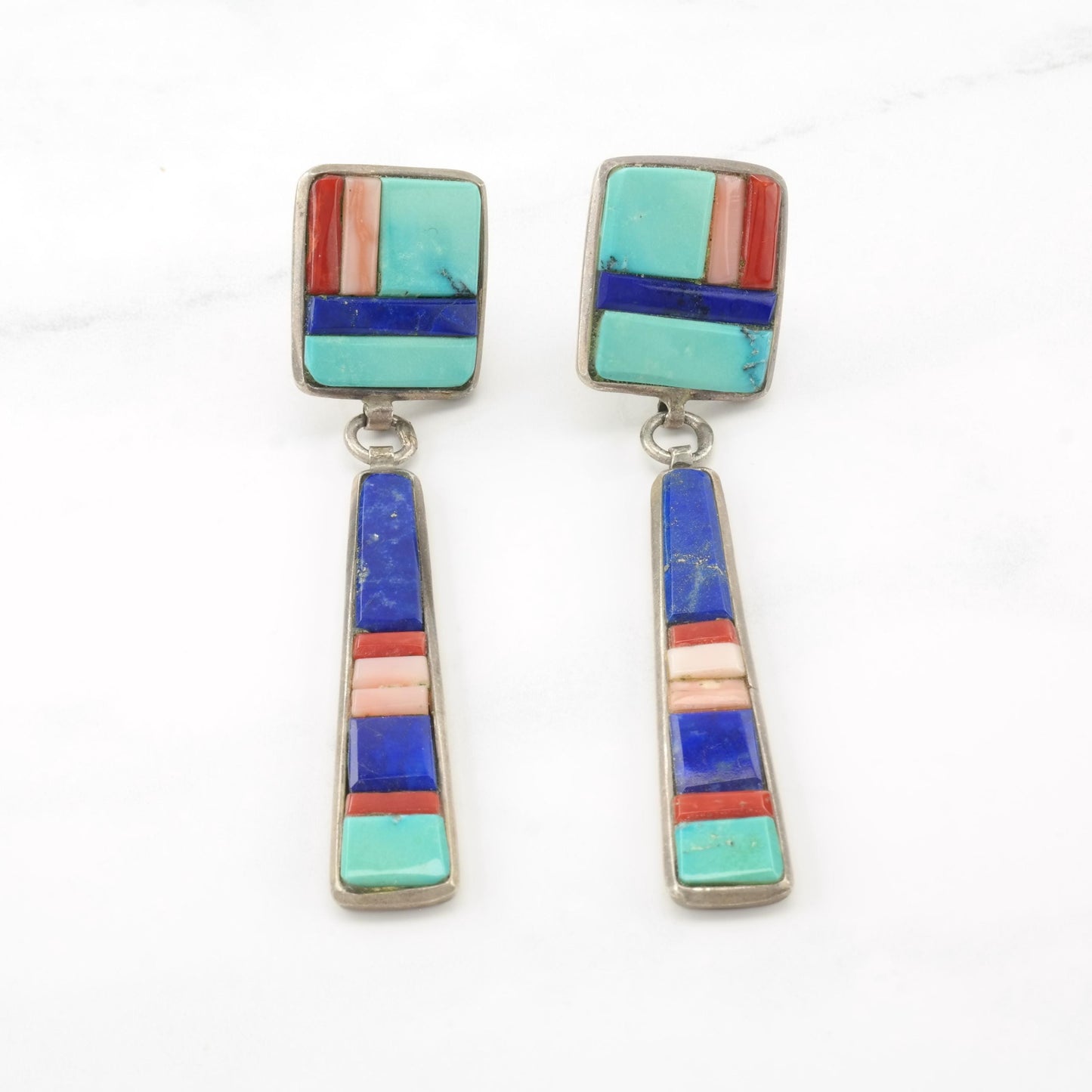 Vintage Signed, Native American Sterling Silver Pierced Dangle Earrings