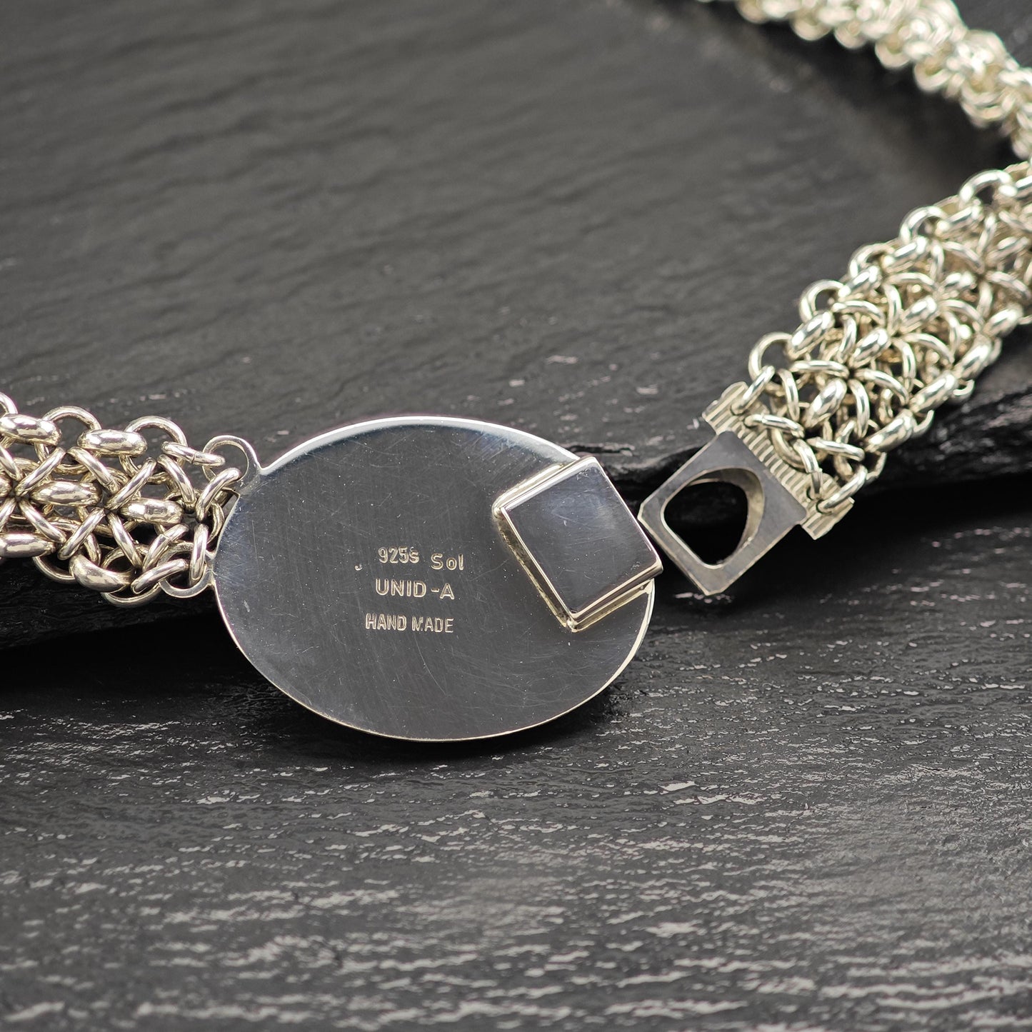 Handmade Designer Black, White Banded Agate Oval Necklace Sterling Silver N2563