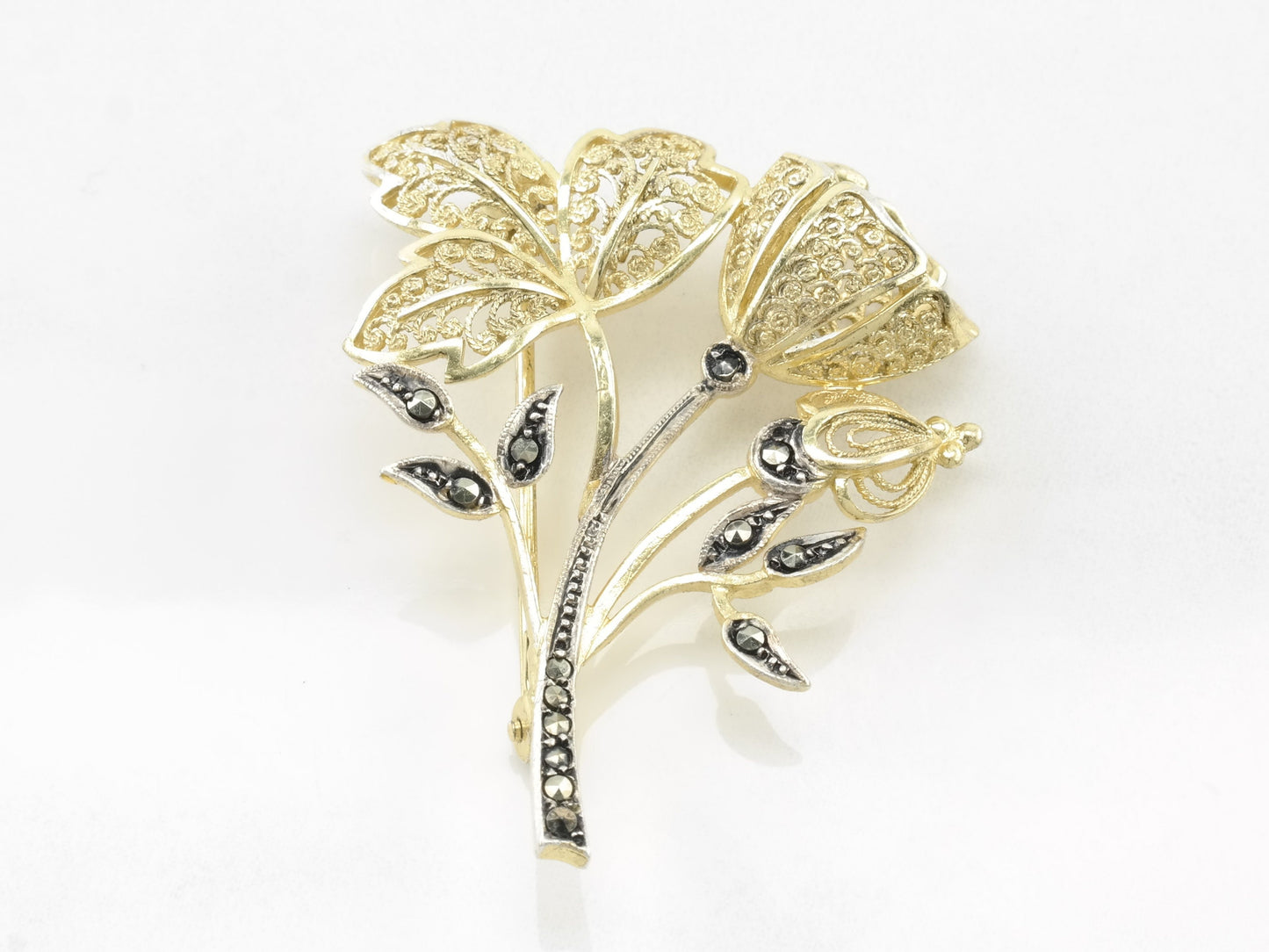 Sterling Silver Vintage Flower Brooch Marcasite Gold Hue