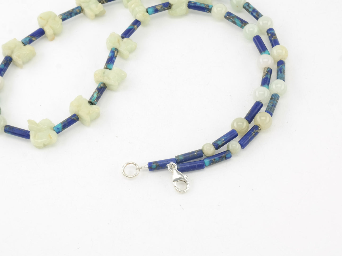 Vintage Sterling Silver & Jade Necklace | Carved Lapis Lazuli Dragon Pendant | White Jade Beads | Boho Chic | 24"
