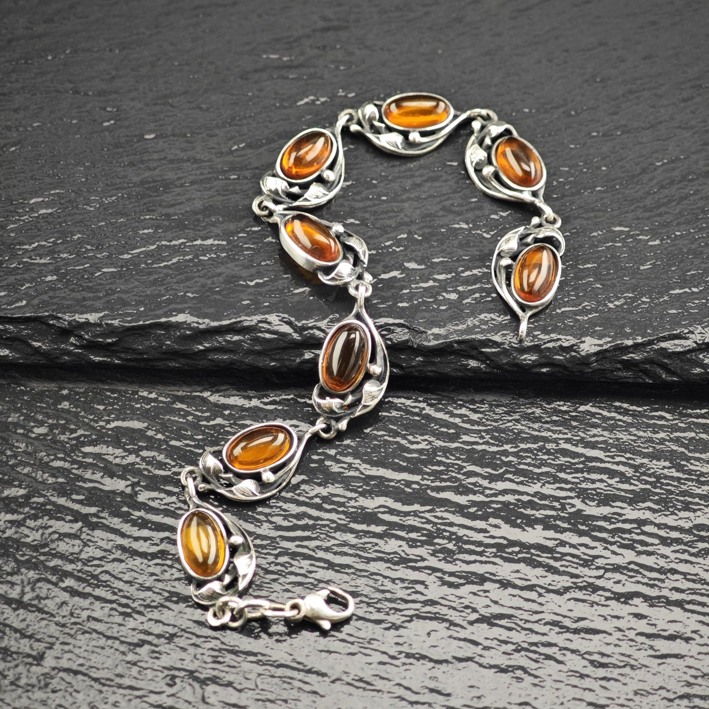 Art Nouveau Style Amber Link Bracelet Sterling Silver