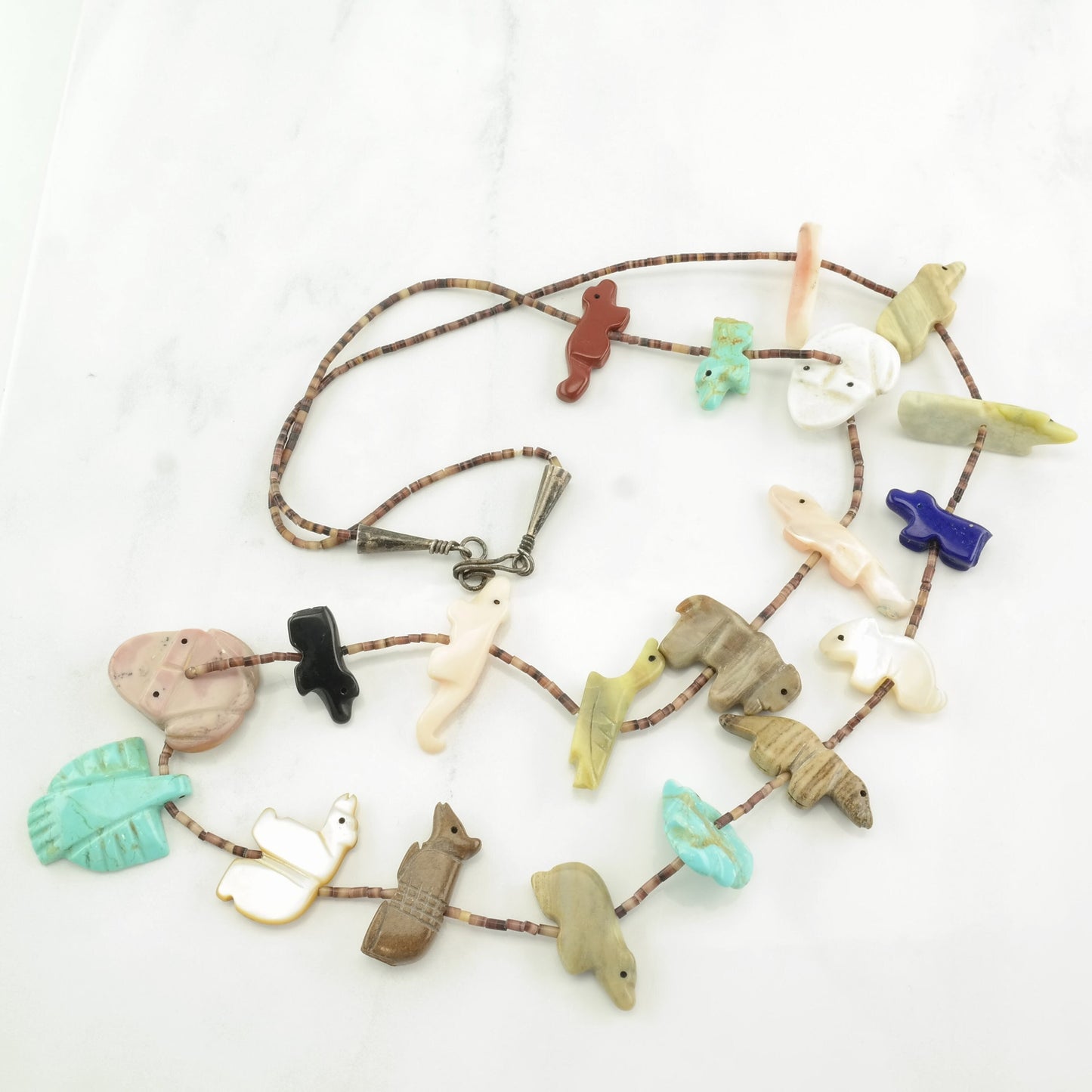 Vintage Southwest Sterling Silver Turquoise, MOP, Lapis Lazuli Animal, Heishi Necklace