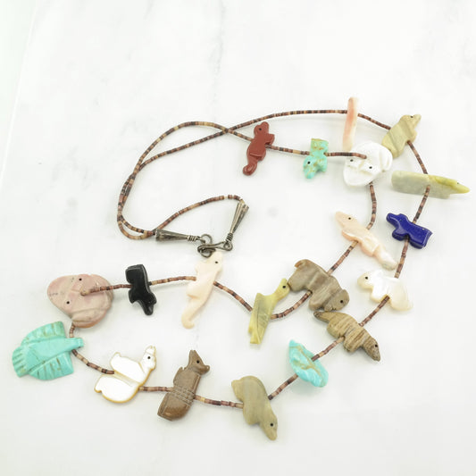 Vintage Southwest Sterling Silver Turquoise, MOP, Lapis Lazuli Animal, Heishi Necklace