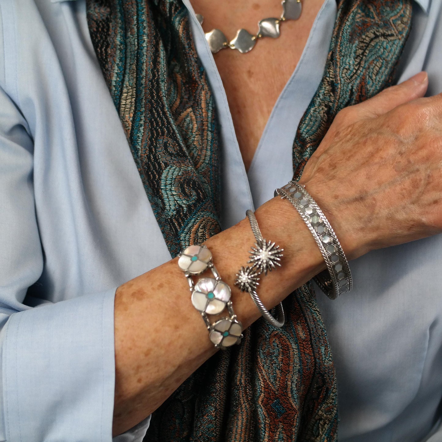 Zuni, Native American, Flower Inlay Cuff Bracelet Sterling Silver