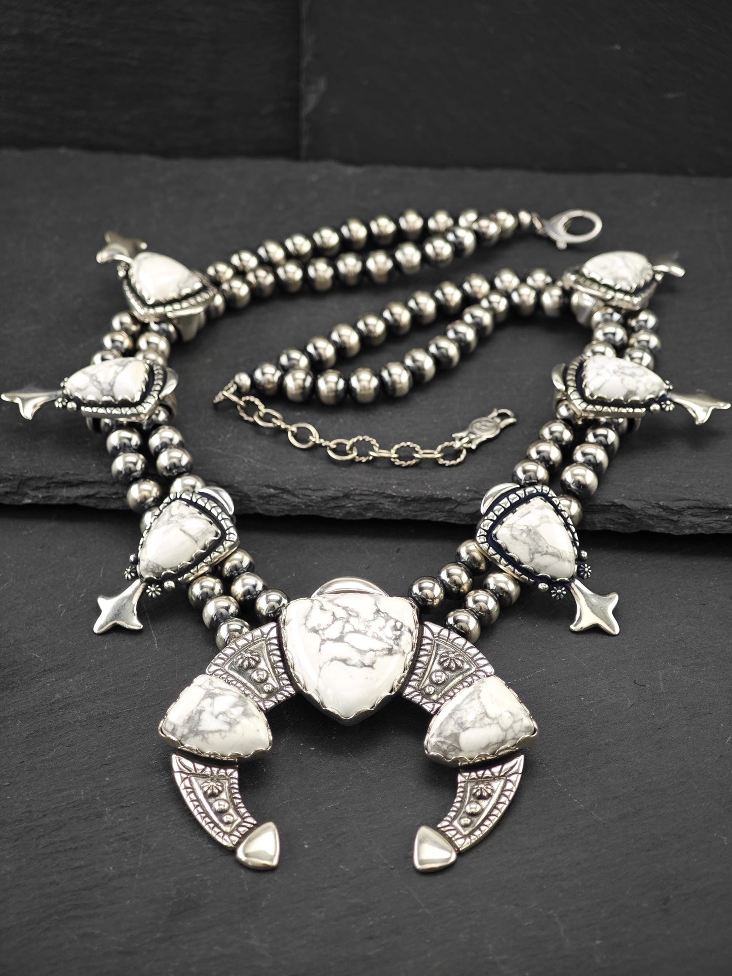 American West, Carolyn Pollack, Howlite Squash Blossom Necklace Sterling Silver