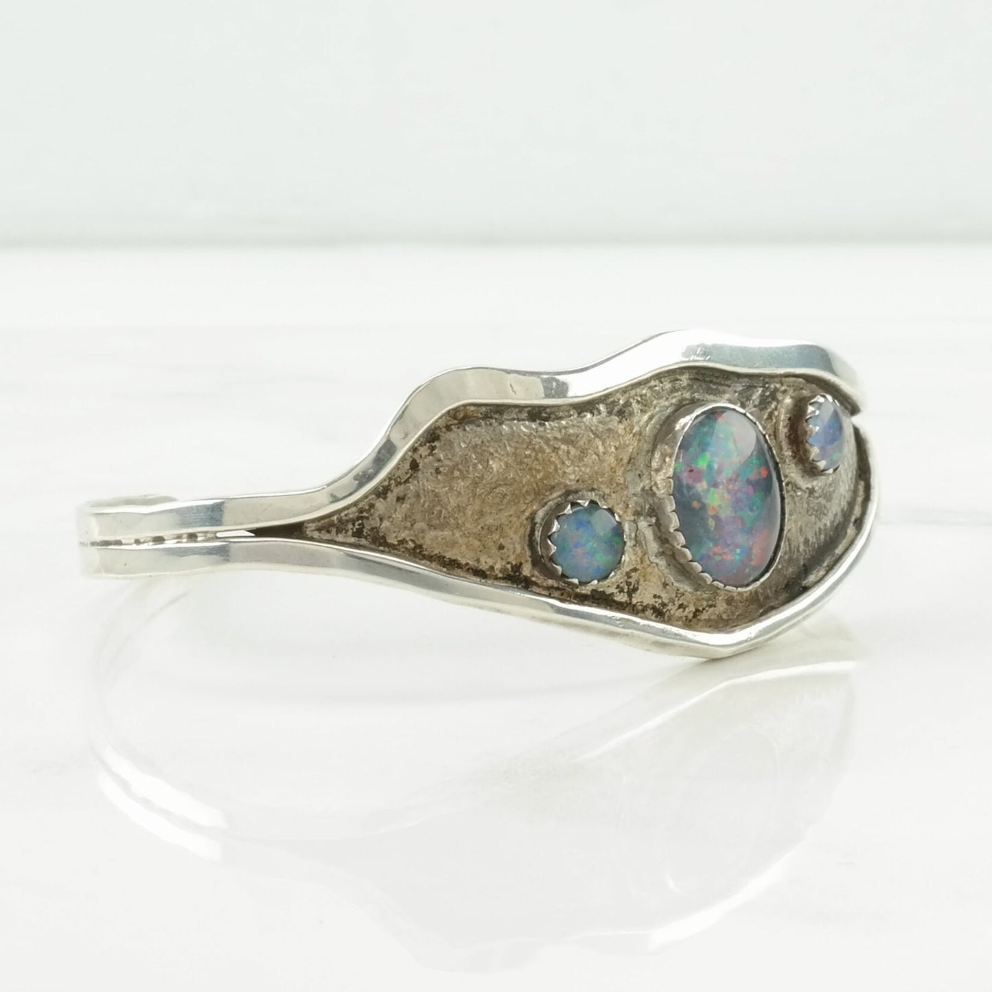 Vintage Sterling Silver Cuff Bracelet Purple Black Opal Triplet