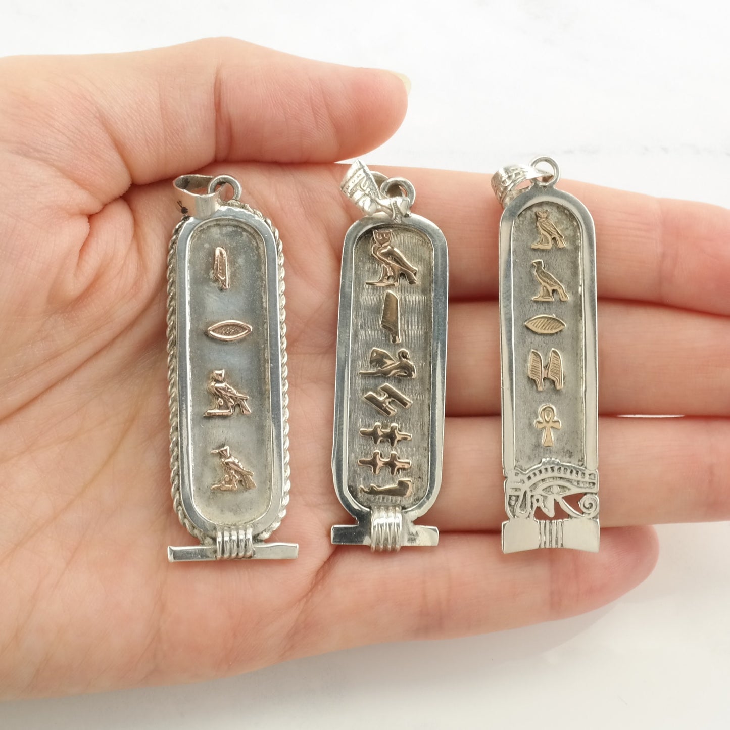Vintage Egyptian Hieroglyph, Cartouche, Gold Accent Sterling Silver Pendant