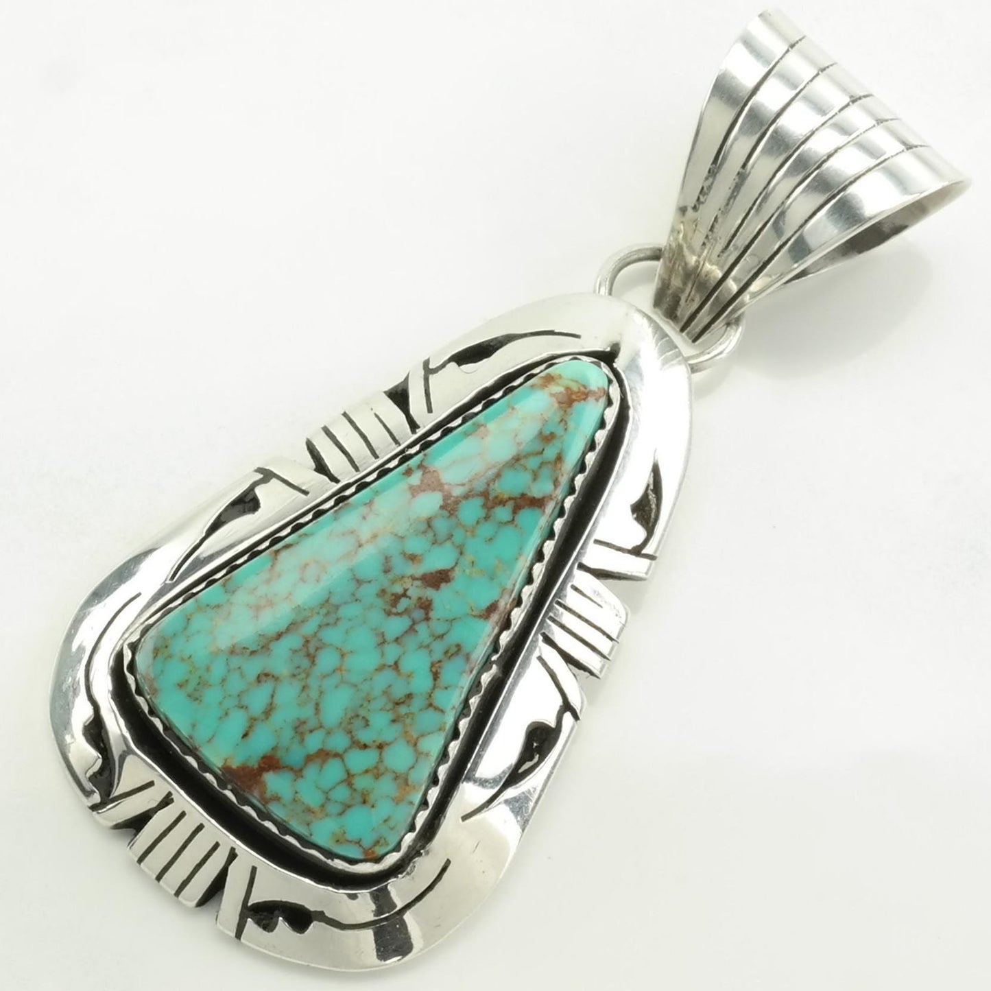 Vintage Native American Spiderweb Turquoise Triangle Sterling Silver Pendant