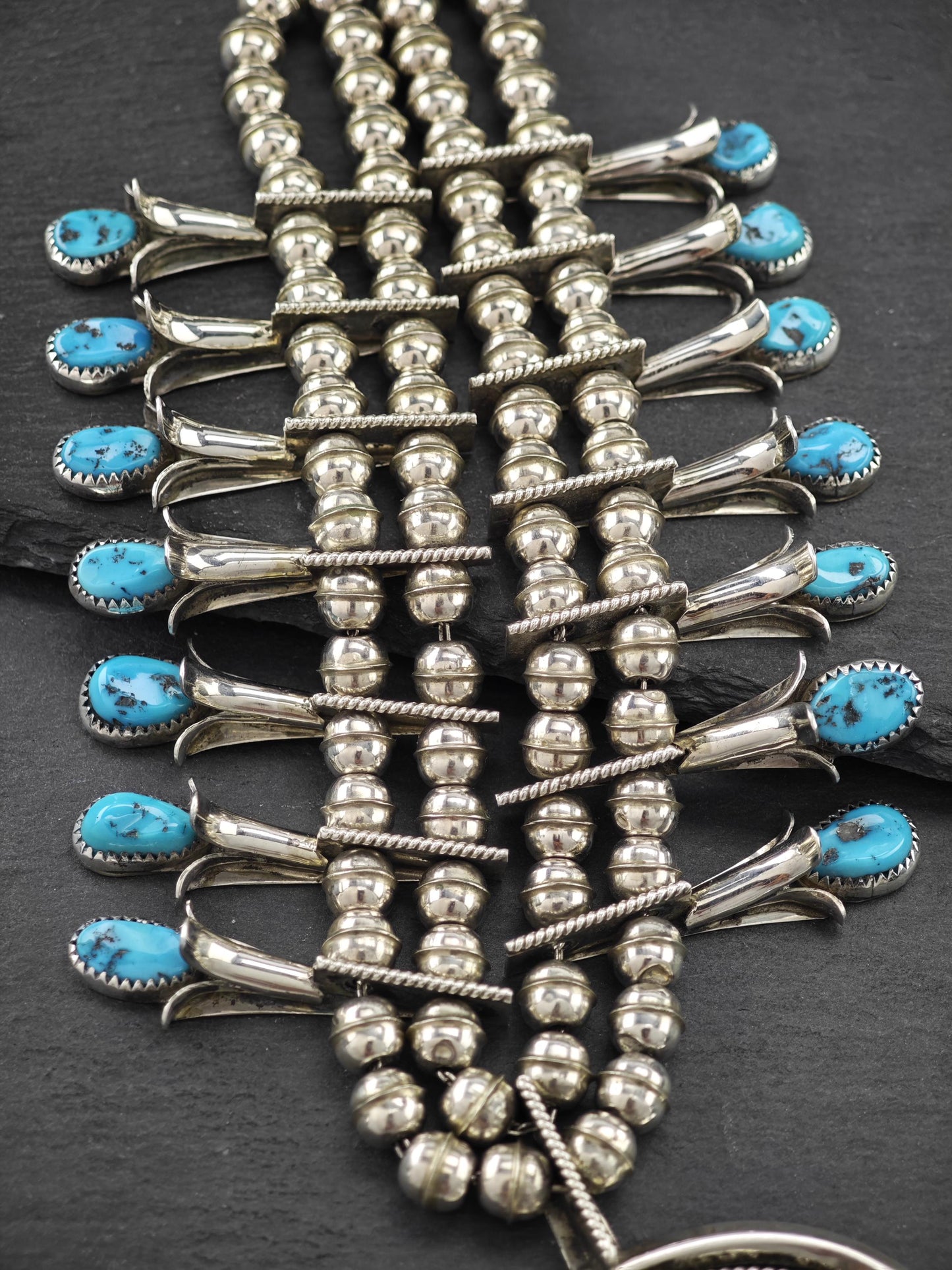 Navajo, Native American Turquoise Squash Blossom Necklace Sterling Silver