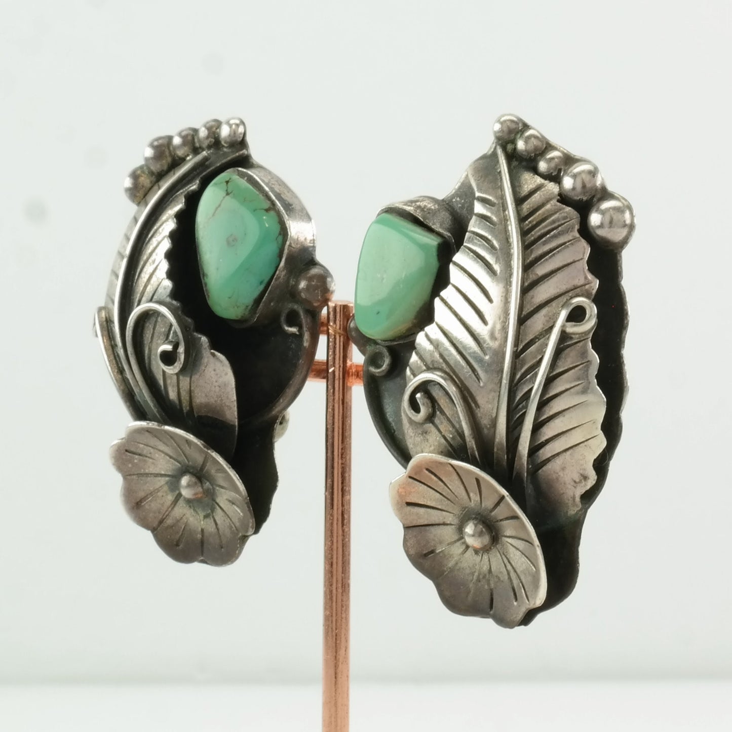Vintage Southwest Sterling Silver Green Turquoise Flower & Feather Clip-On Earrings, 1 3/4 Inches Long