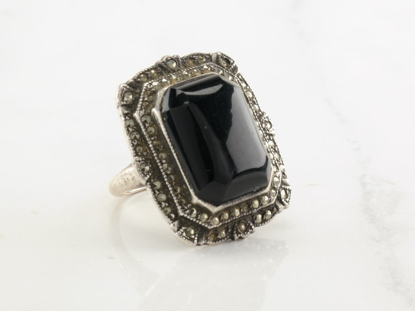 Art Deco Sterling Silver Ring Black Onyx Marcasite Sz5 3/4 R2874
