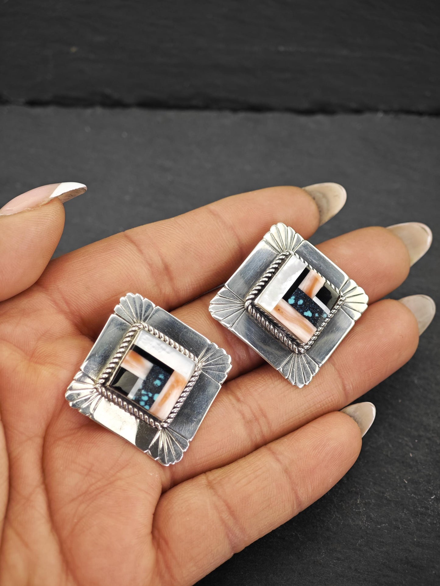 Vintage Inlay Sterling Silver Stud Earrings