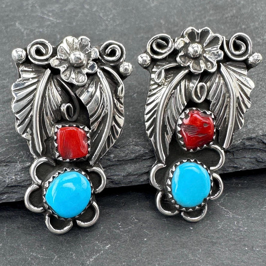 Native American Turquoise & Coral Stud Earrings Sterling Silver