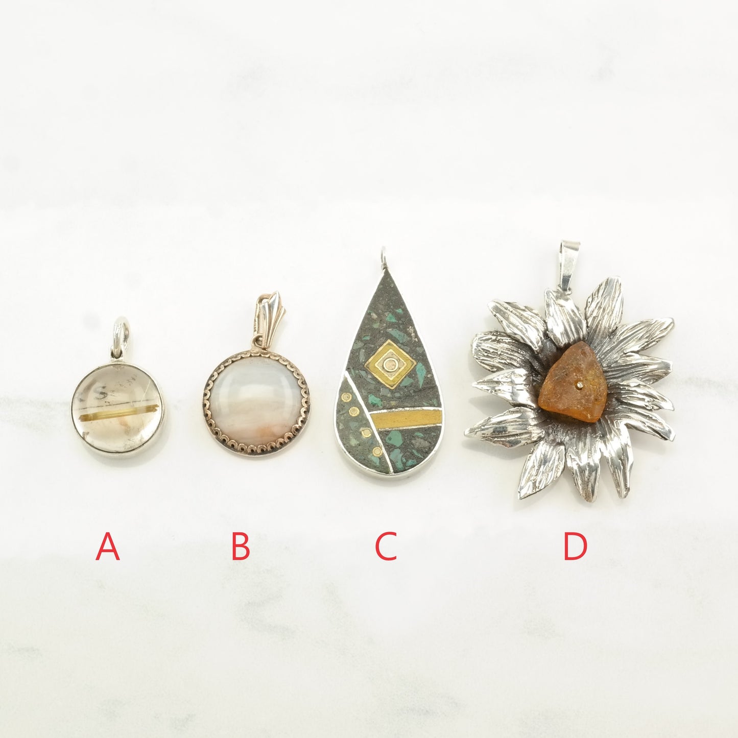 Vintage Quartz, Agate, Turquoise, Citrine Sterling Silver Pendant