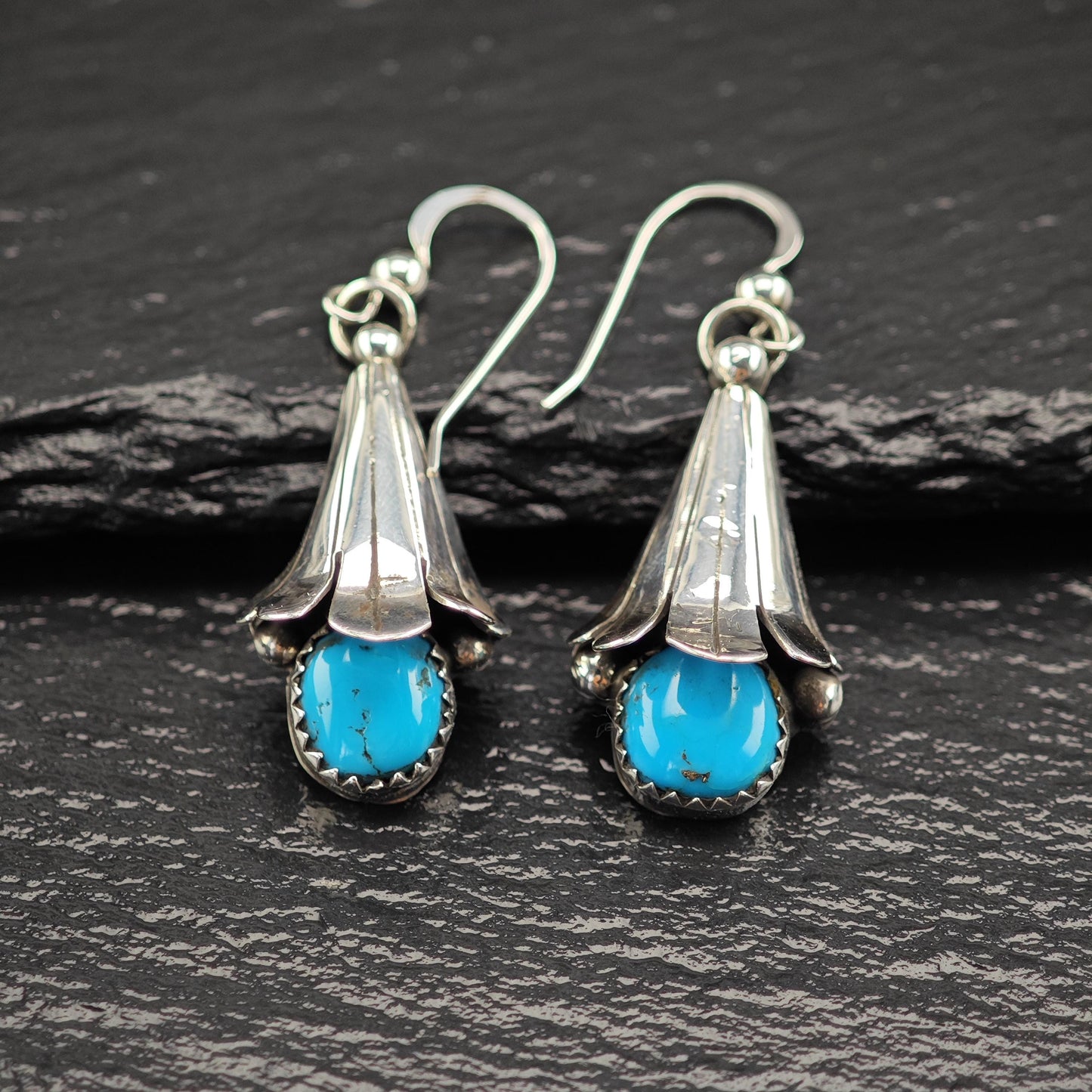 Vintage Blue Turquoise Blossom, Fish Hook Earrings Sterling Silver