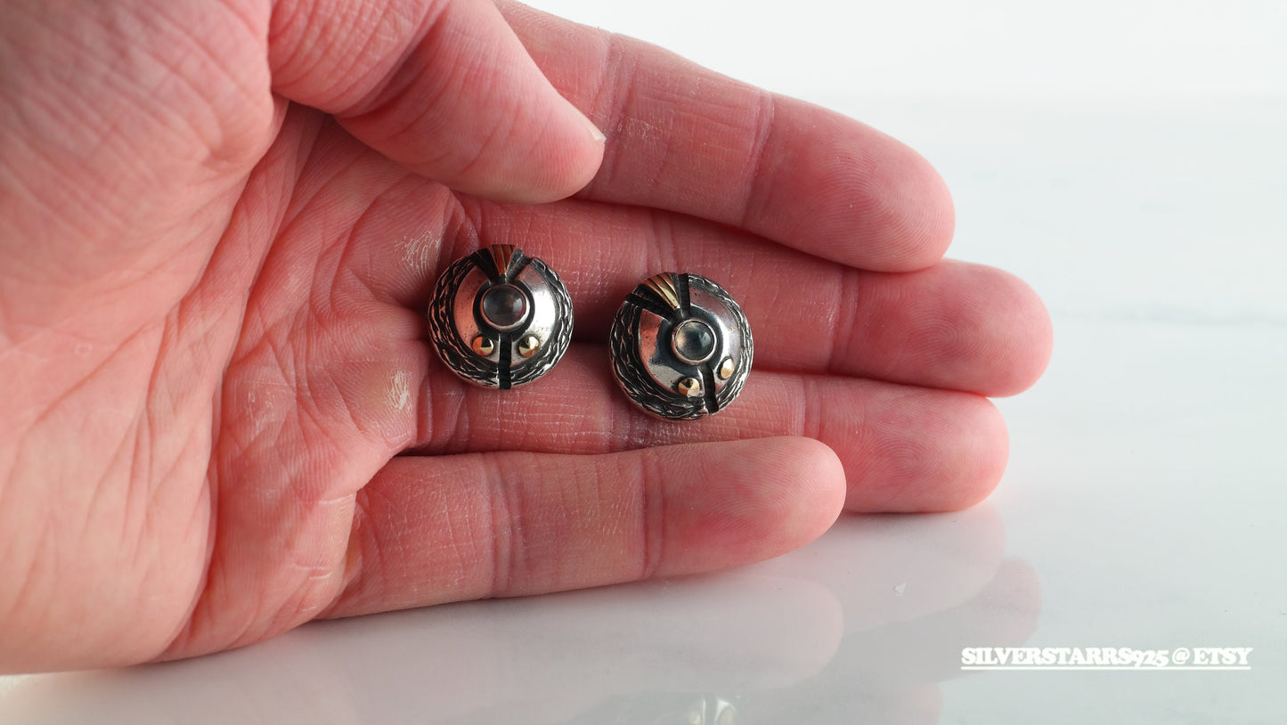 Vintage Sterling Silver, 14k Gold Stud Earrings Rishar Rainbow Moonstone Brutalist