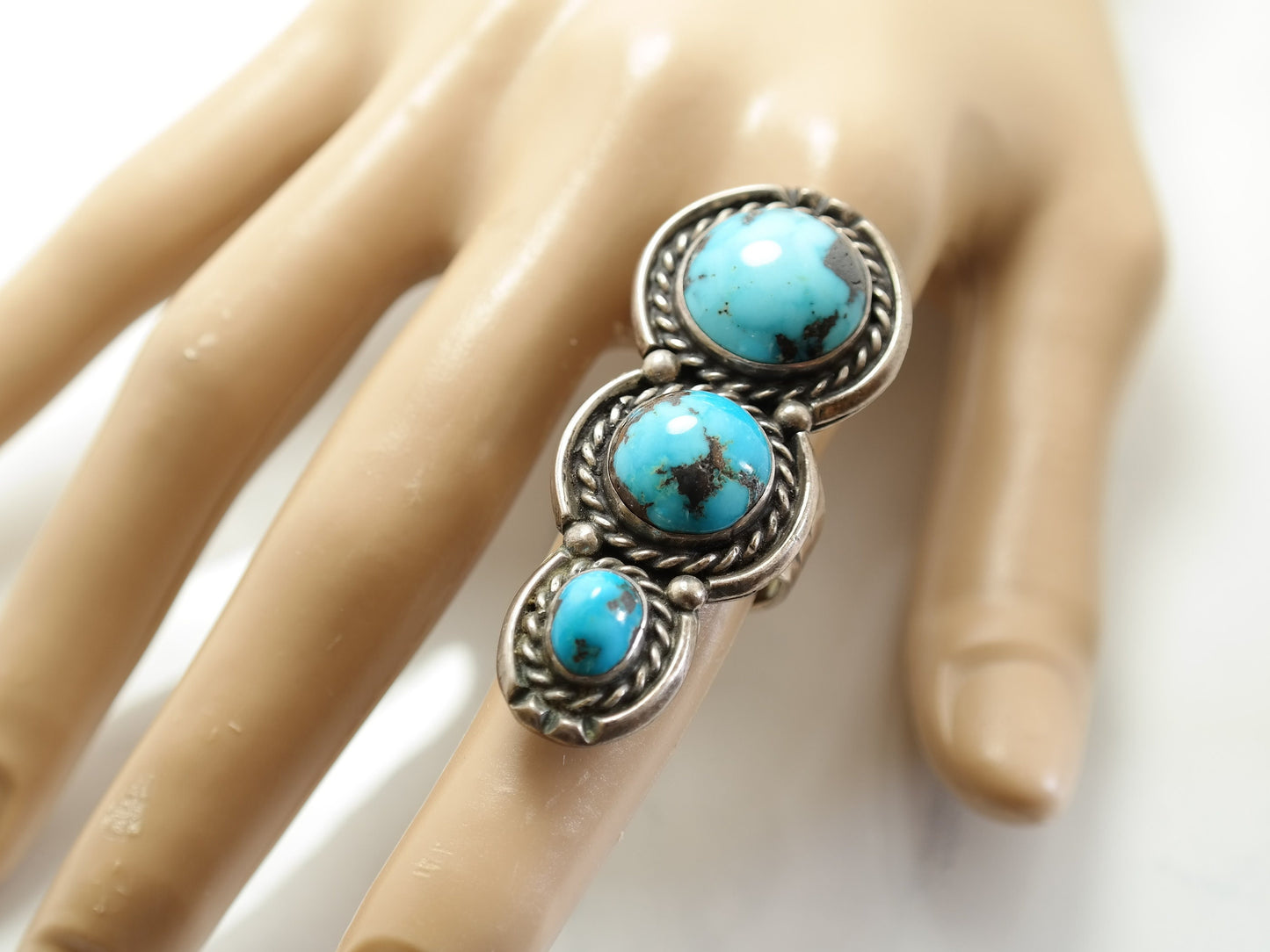 Vintage Native American Sterling Silver Turquoise Ring, Size 7 3/4, 1970s Southwestern Jewelry, Boho Statement Ring, Three Stone Ring