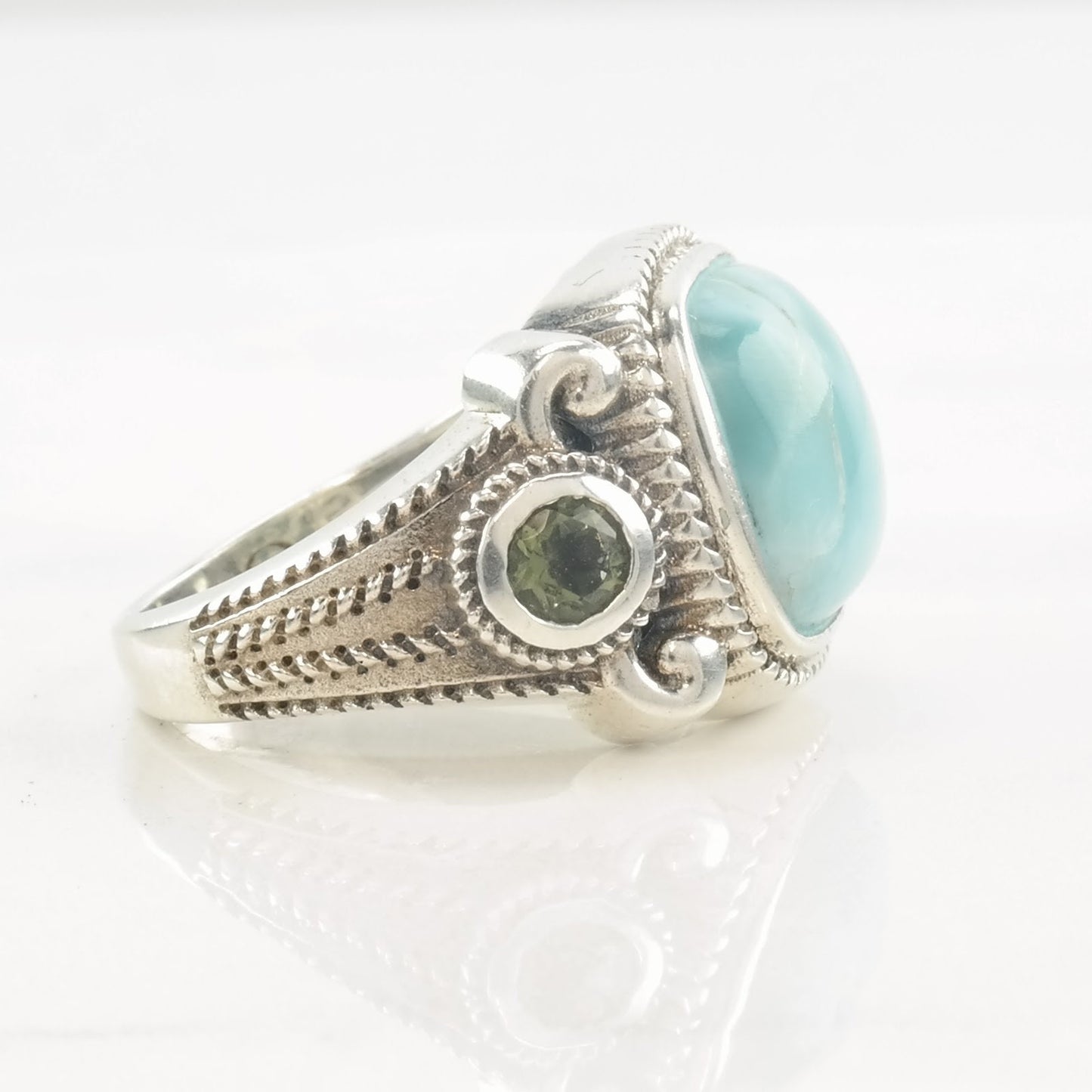 Vintage Designer Ring Larimar, Peridot Sterling Silver Size 6 3/4