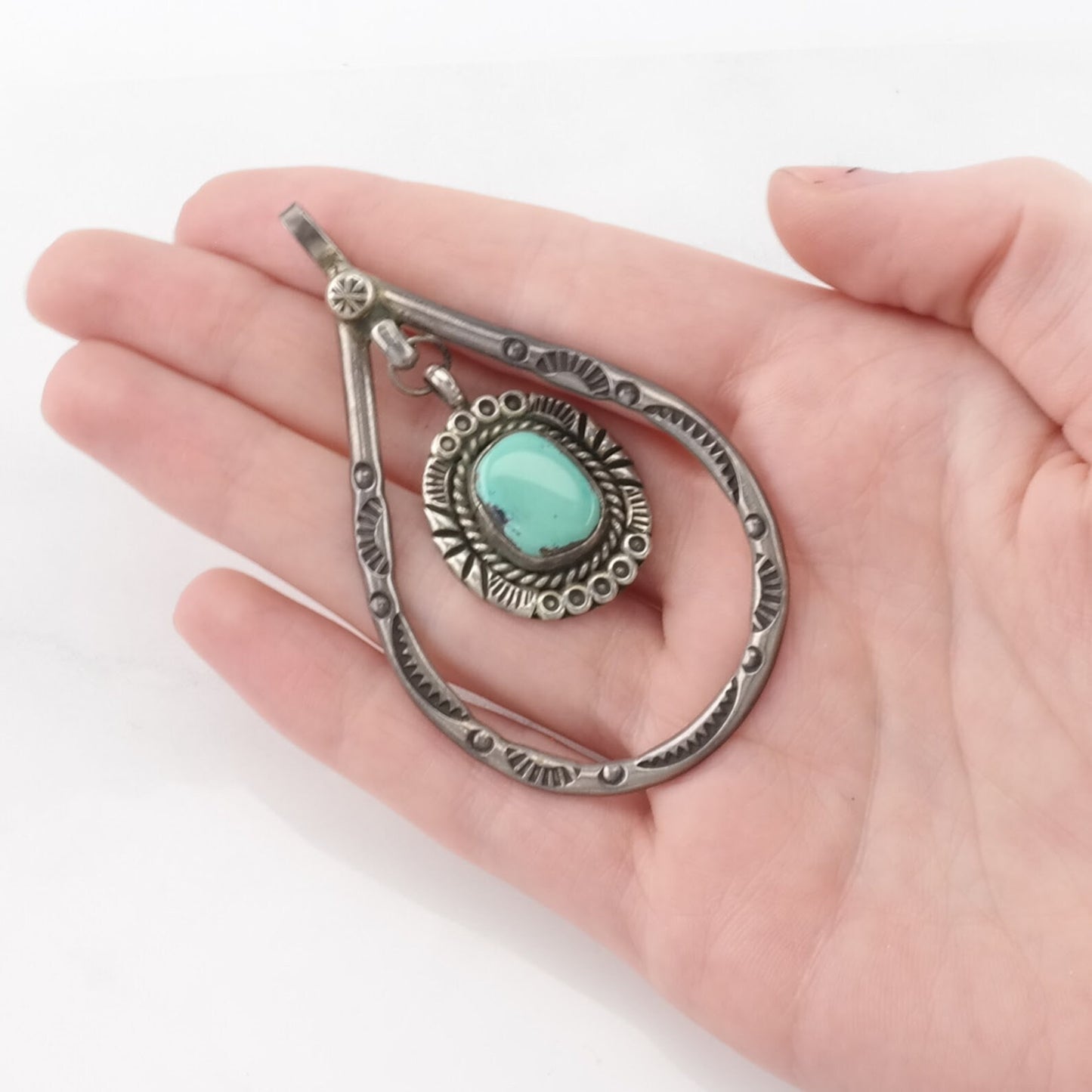 Vintage Native American Turquoise Hanging Stone Sterling Silver Pendant
