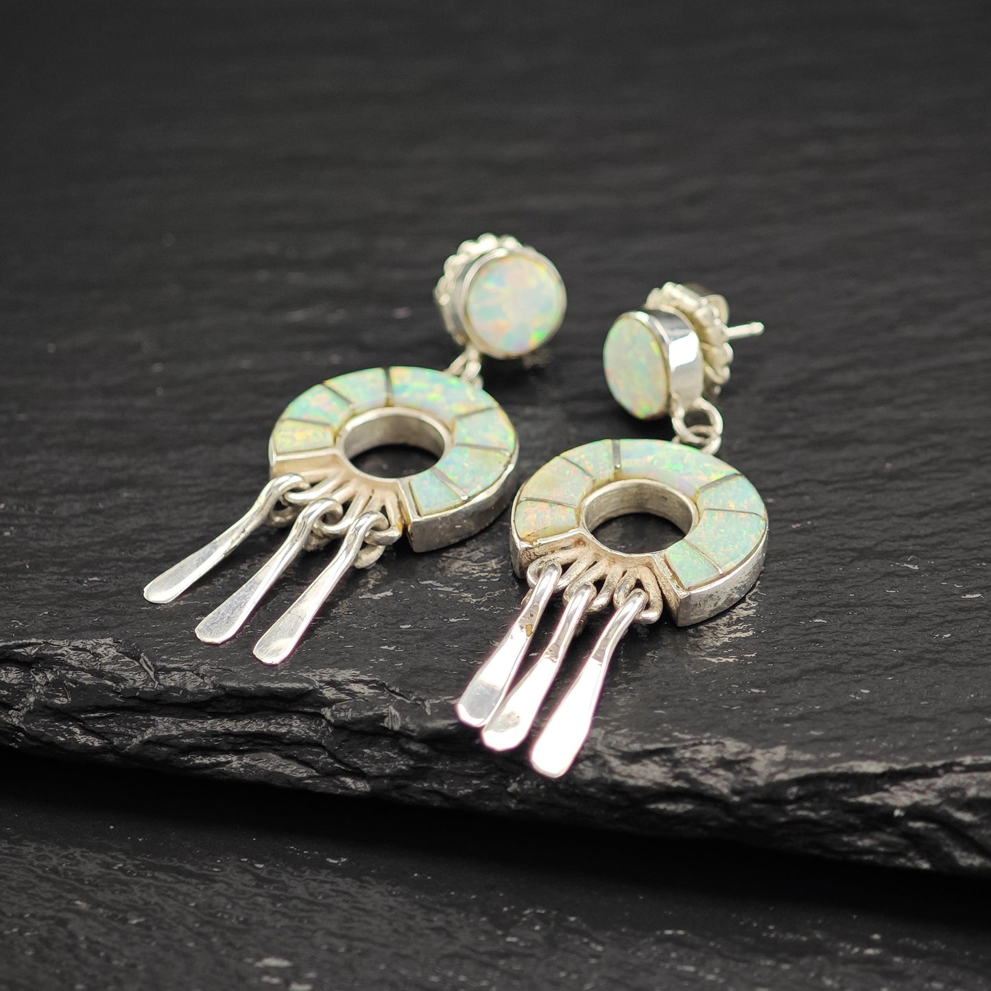 Native American Earrings with Calvin Begay Rainbow Lab Opal Inlay Sterling Silver