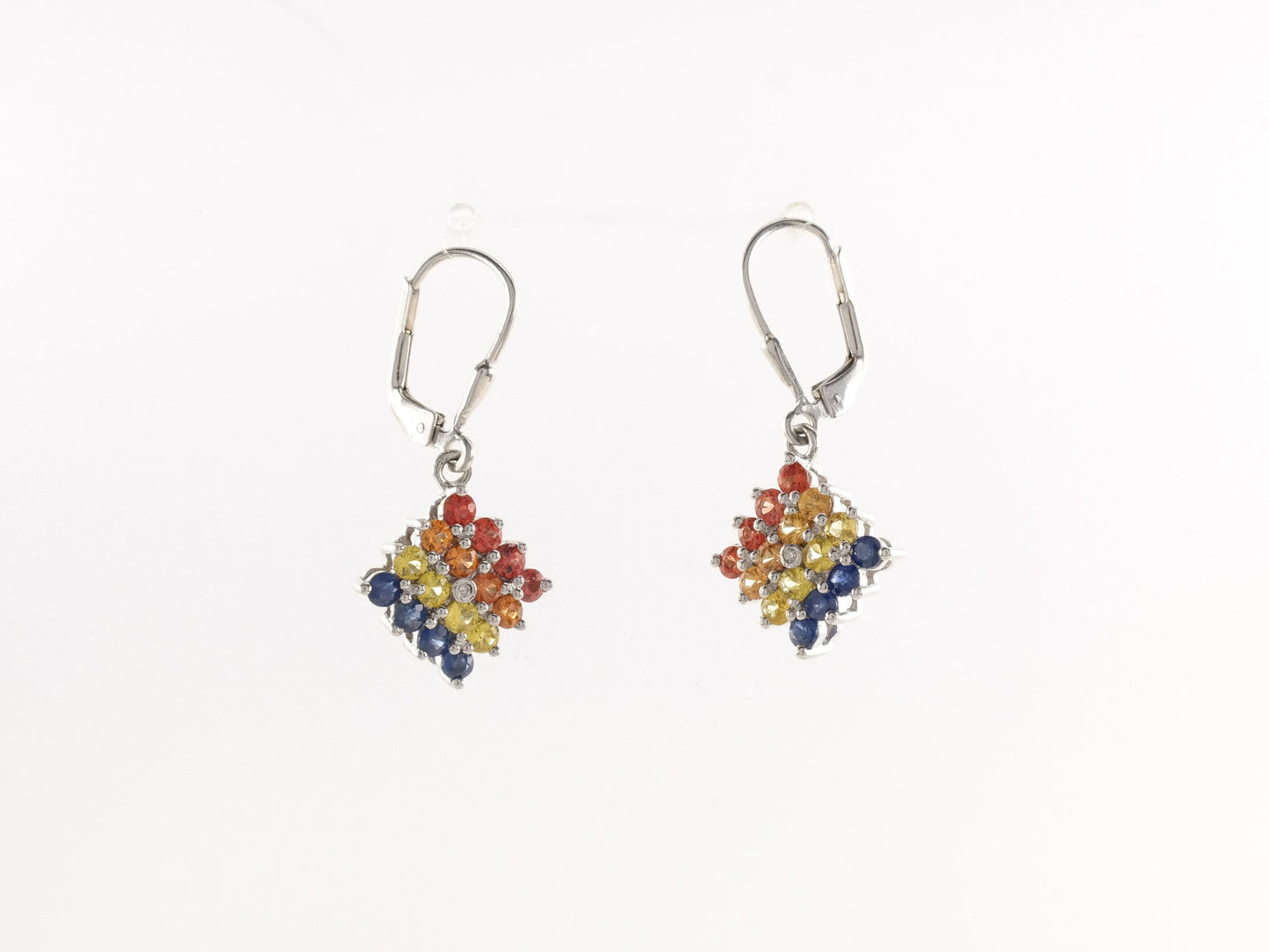 Sterling Silver Blue, Yellow, Orange, Red Sapphire, Diamond Earrings