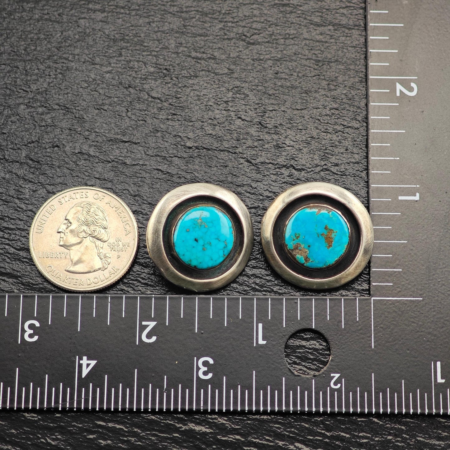 Native American Blue Turquoise, Shadowbox Clip On Earrings Sterling Silver ER2964