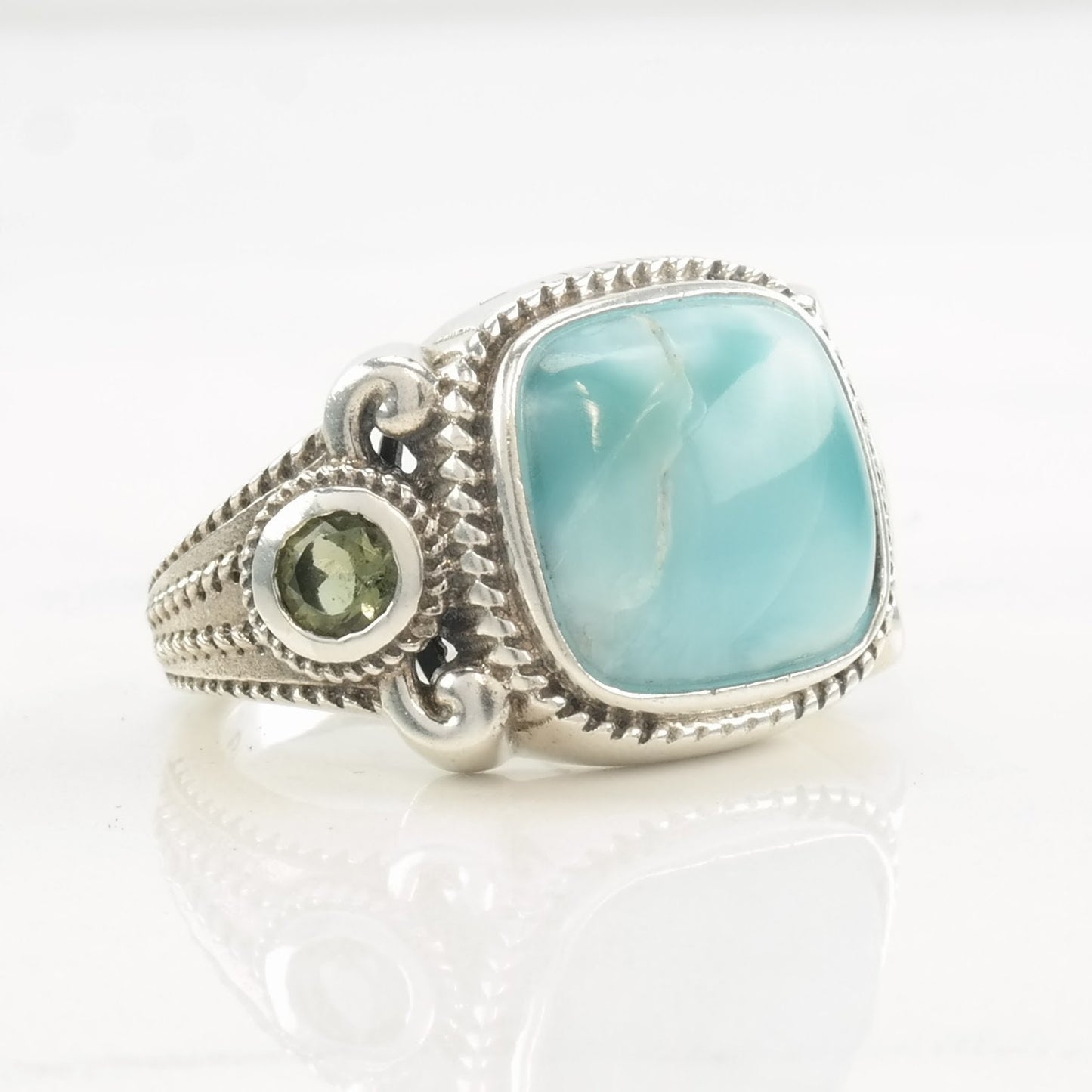Vintage Designer Ring Larimar, Peridot Sterling Silver Size 6 3/4