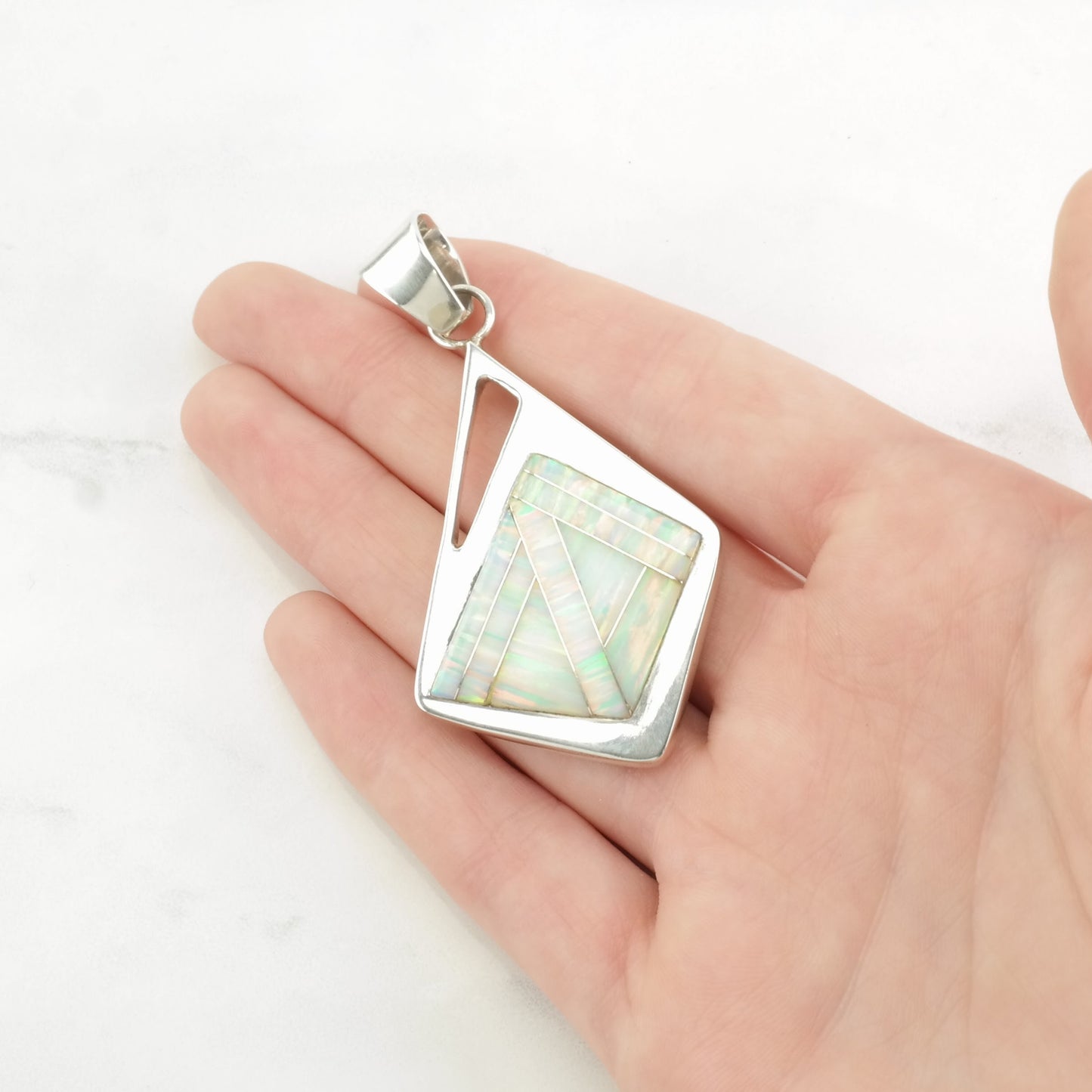 Vintage Lab Opal, Inlay Modernist Sterling Silver Pendant