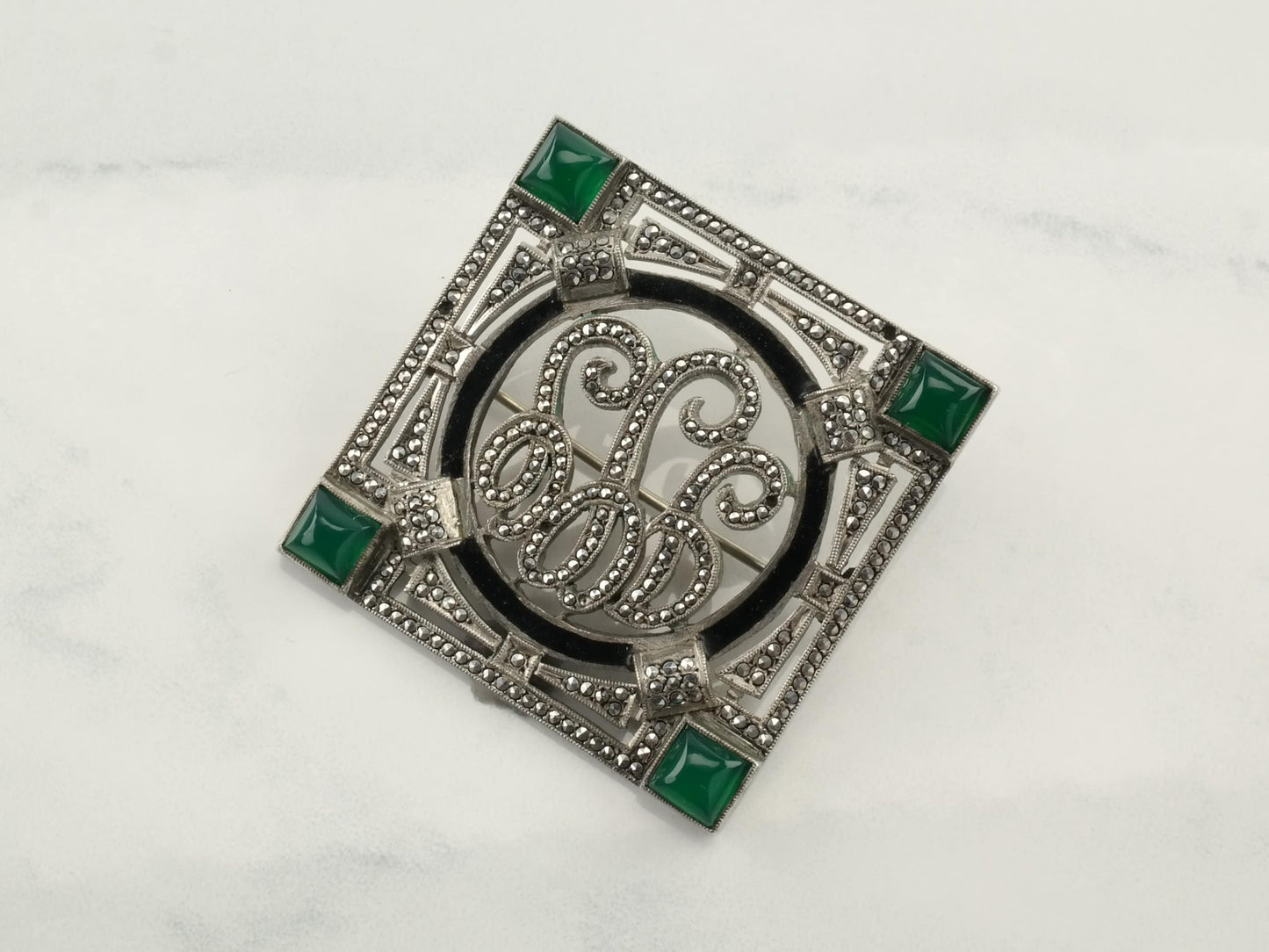 Art Deco Sterling Silver Brooch Marcasite Green Black Chrysoprase