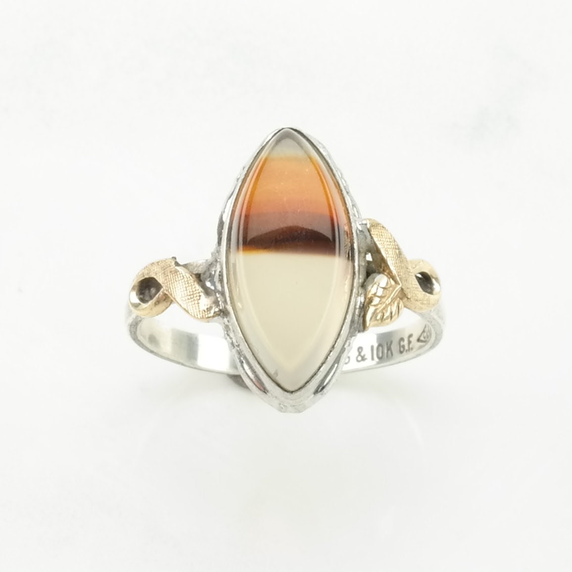 Vintage Art Deco Silver Ring Dendritic Agate Navette Sterling Size 6