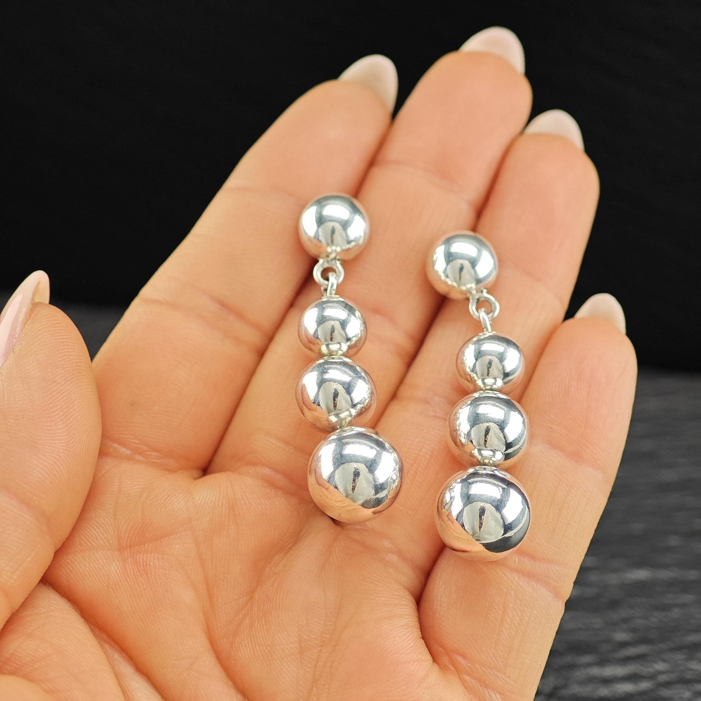 Taxco Graduated Beaded Stud/Dangle Earrings Sterling Silver