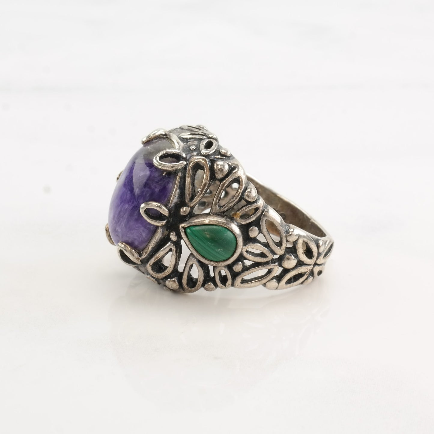 Vintage Carolyn Pollack Silver Ring Malachite Charoite Teardrop Sterling Size 8 1/2