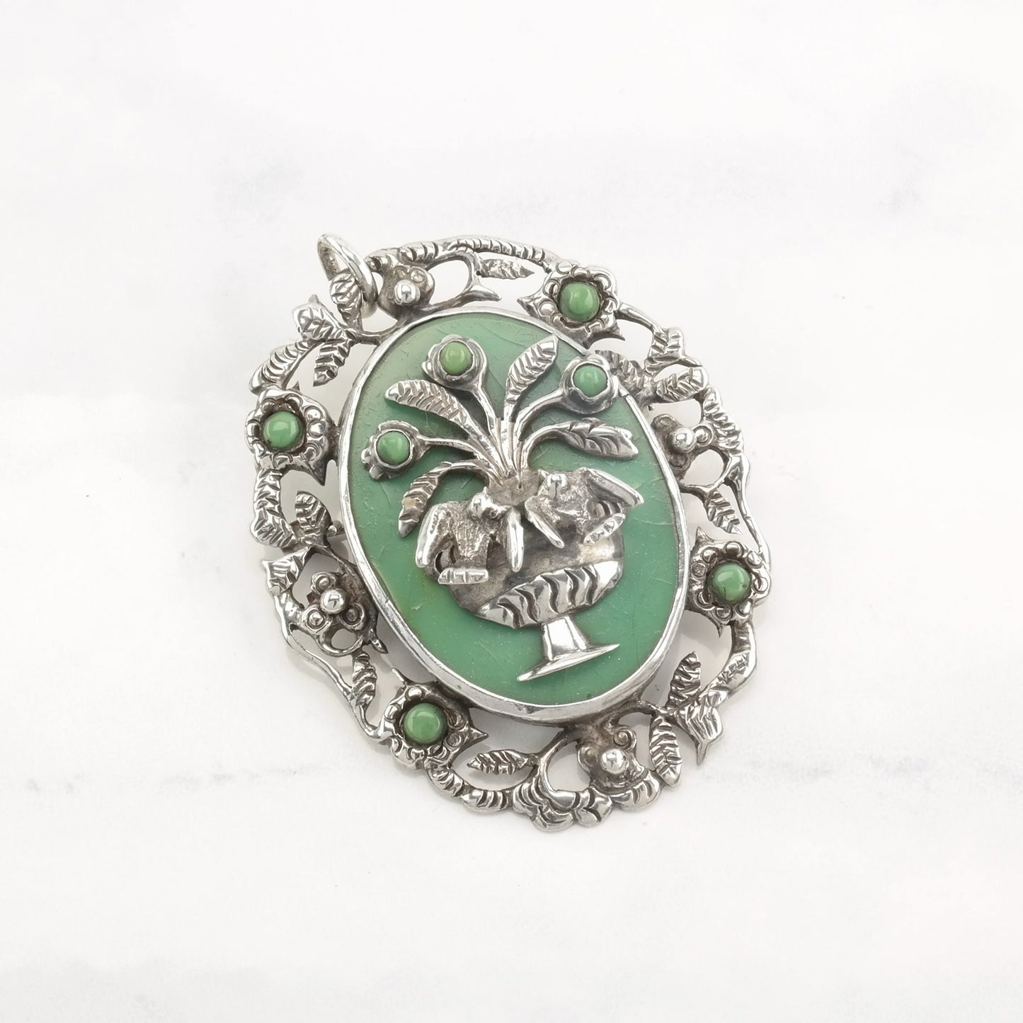 Pre Eagle Taxco Pendant Brooch Faux Turquoise Floral, Bird, Fountain Sterling Silver
