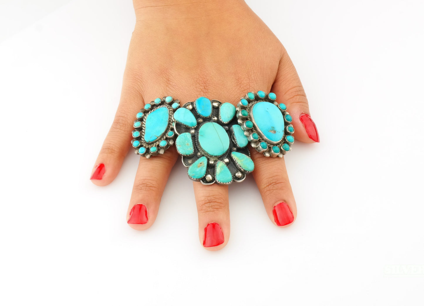 Vintage Native American Cluster Sterling Silver Ring Size 10 Blue Turquoise Shield