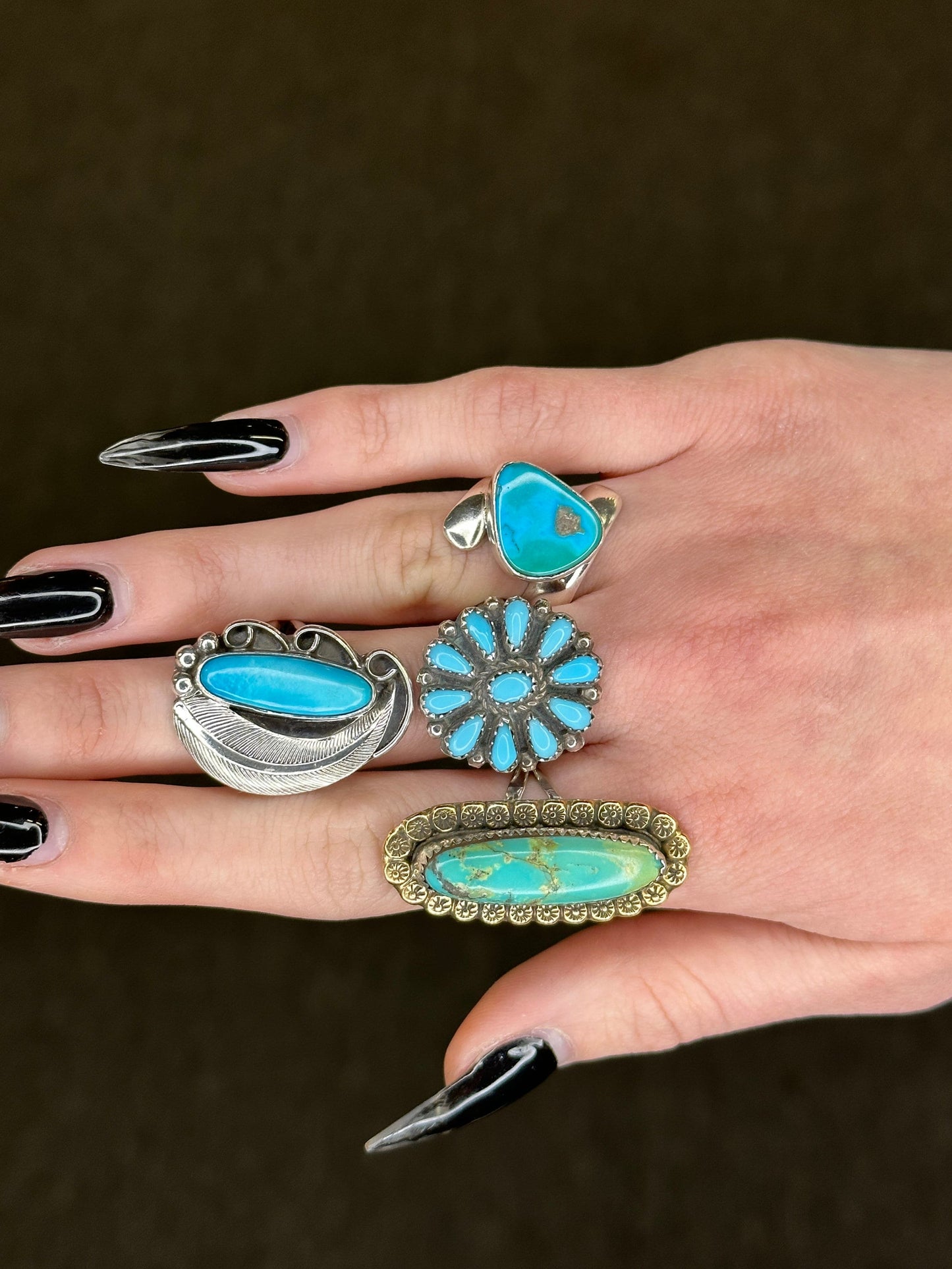 Vintage Native American Silver Ring Turquoise Feather Size 7 1/4