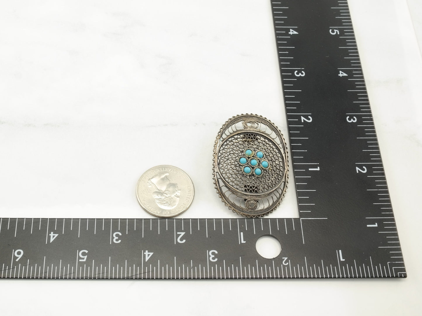Filigree Turquoise Brooch Sterling Silver B1477