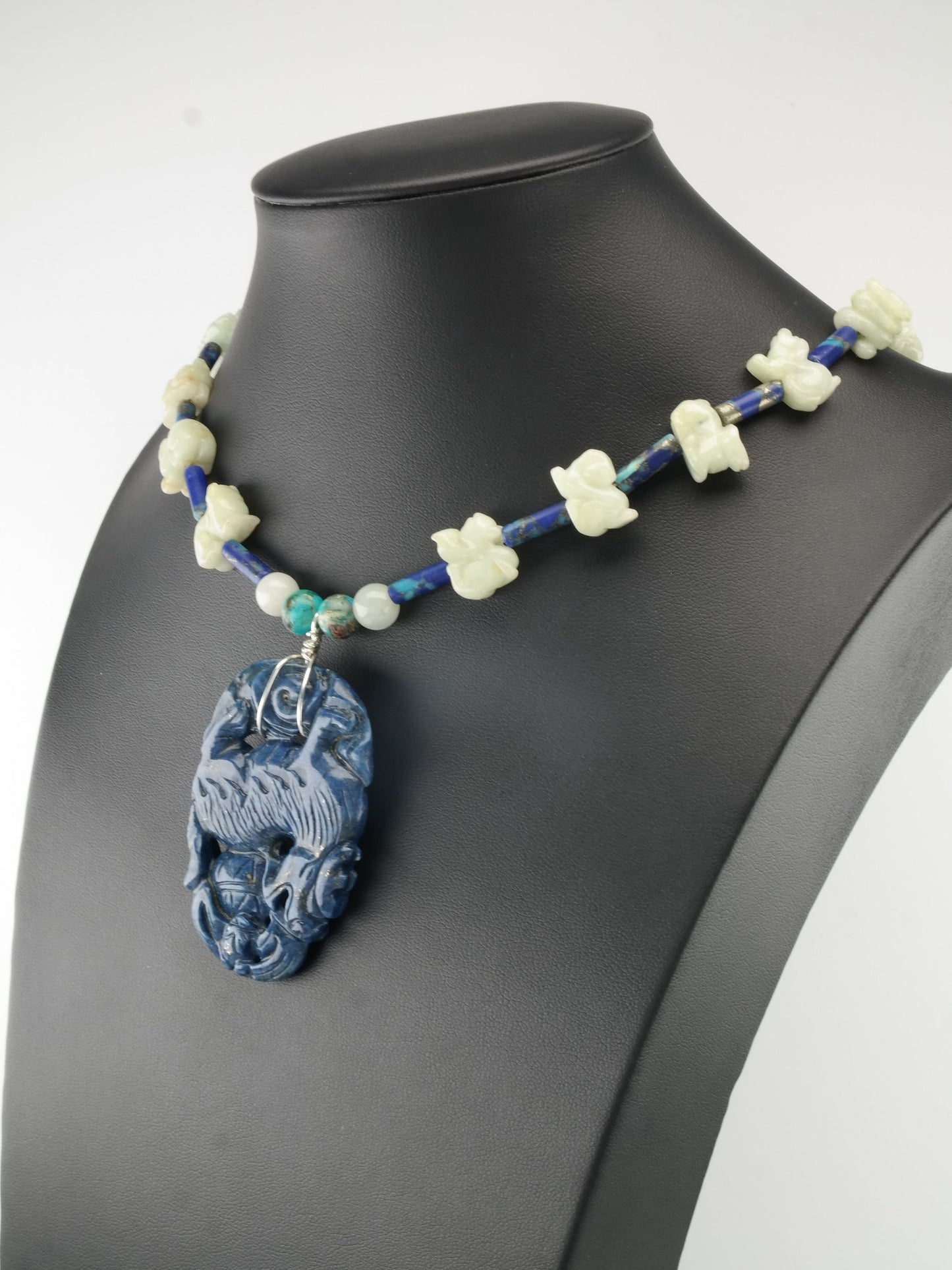 Vintage Sterling Silver & Jade Necklace | Carved Lapis Lazuli Dragon Pendant | White Jade Beads | Boho Chic | 24"