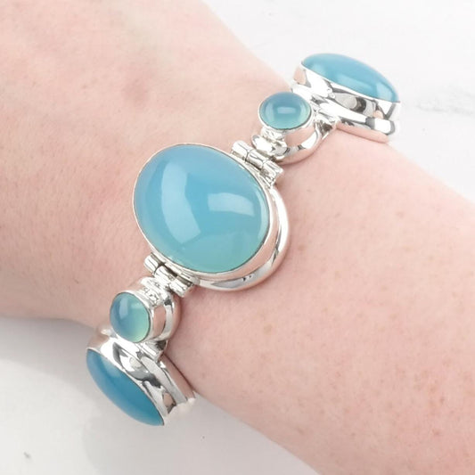 Vintage Blue Gem Silica Bracelet Sterling Silver Link Chalcedony Toggle Clasp