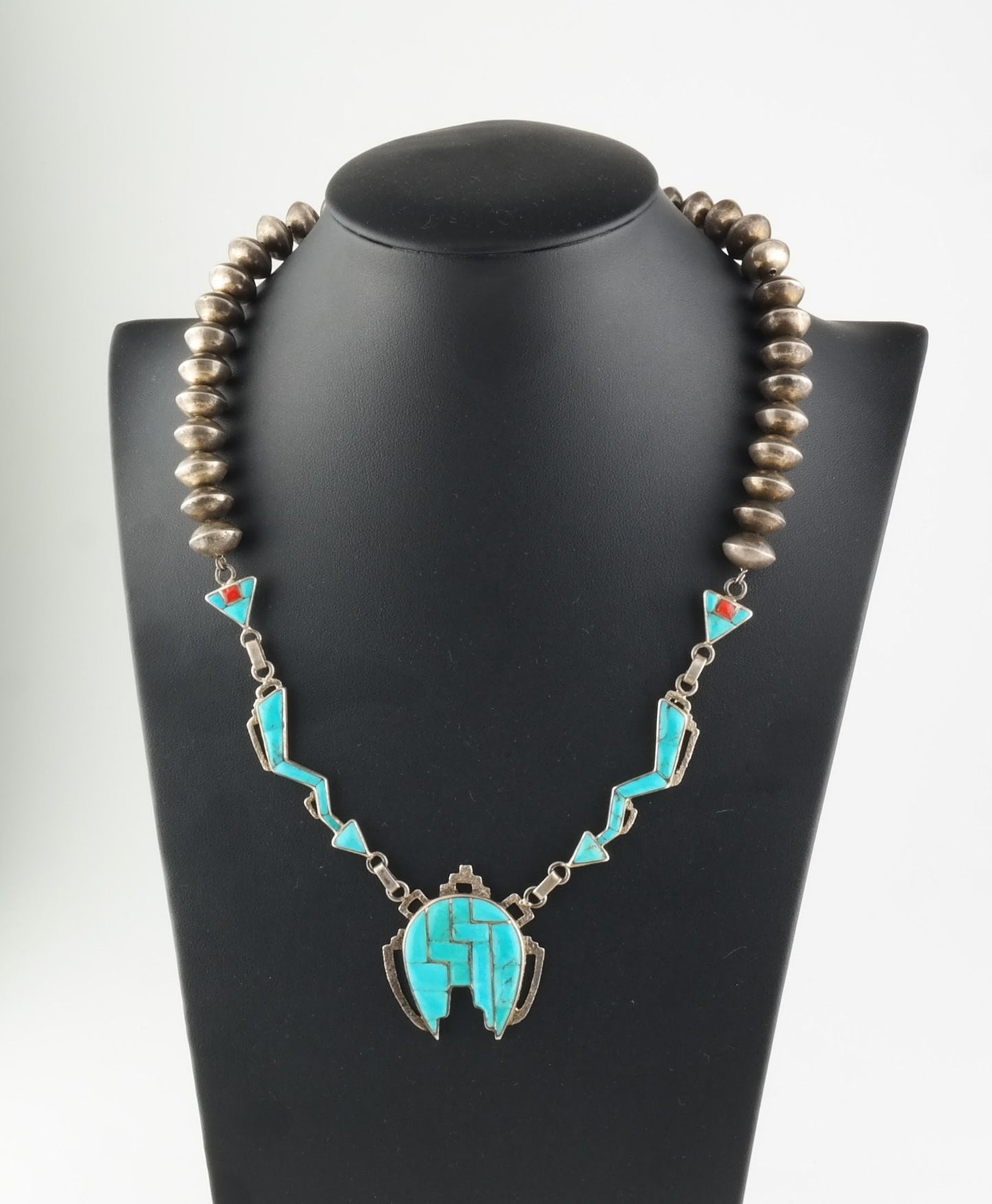 Native American Inlay Necklace Sterling Silver Blue Turquoise Coral