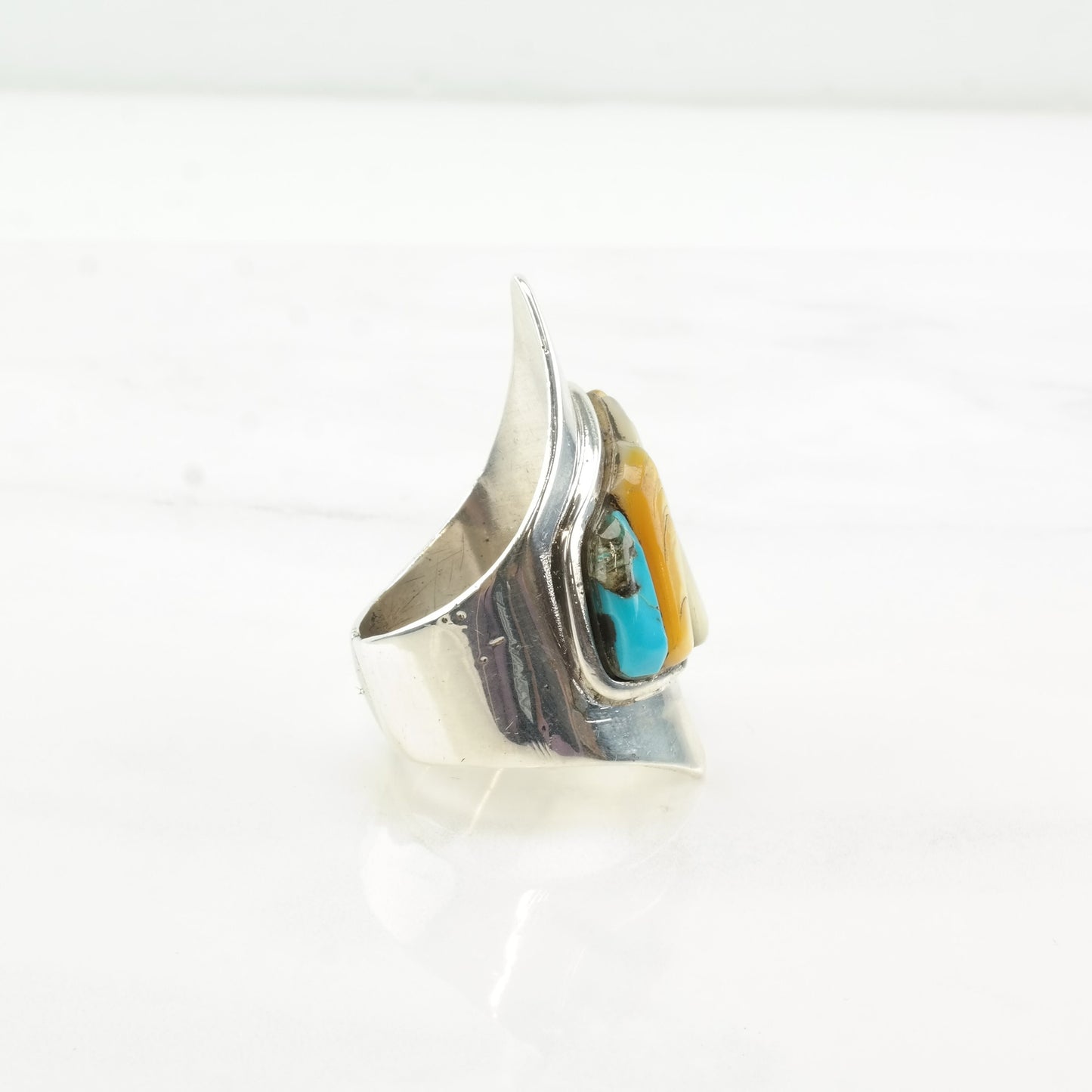 Vintage Zuni Silver Ring MOP Turquoise Cobblestone Inlay Sterling Size 9 3/4