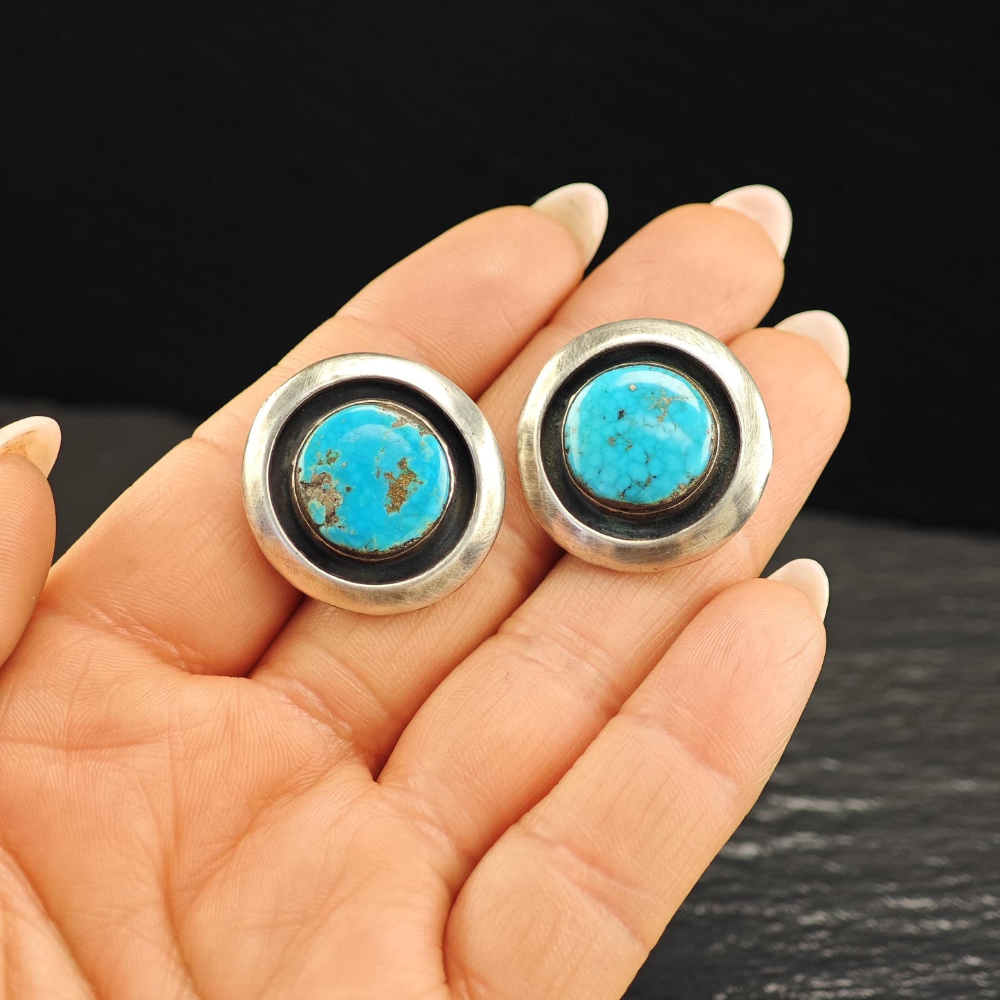 Native American Blue Turquoise, Shadowbox Clip On Earrings Sterling Silver