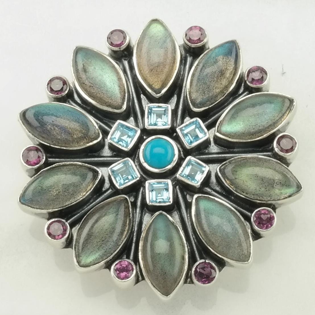 Vintage Nicky Butler Labradorite, Turquoise, Topaz Floral Sterling Silver Pendant