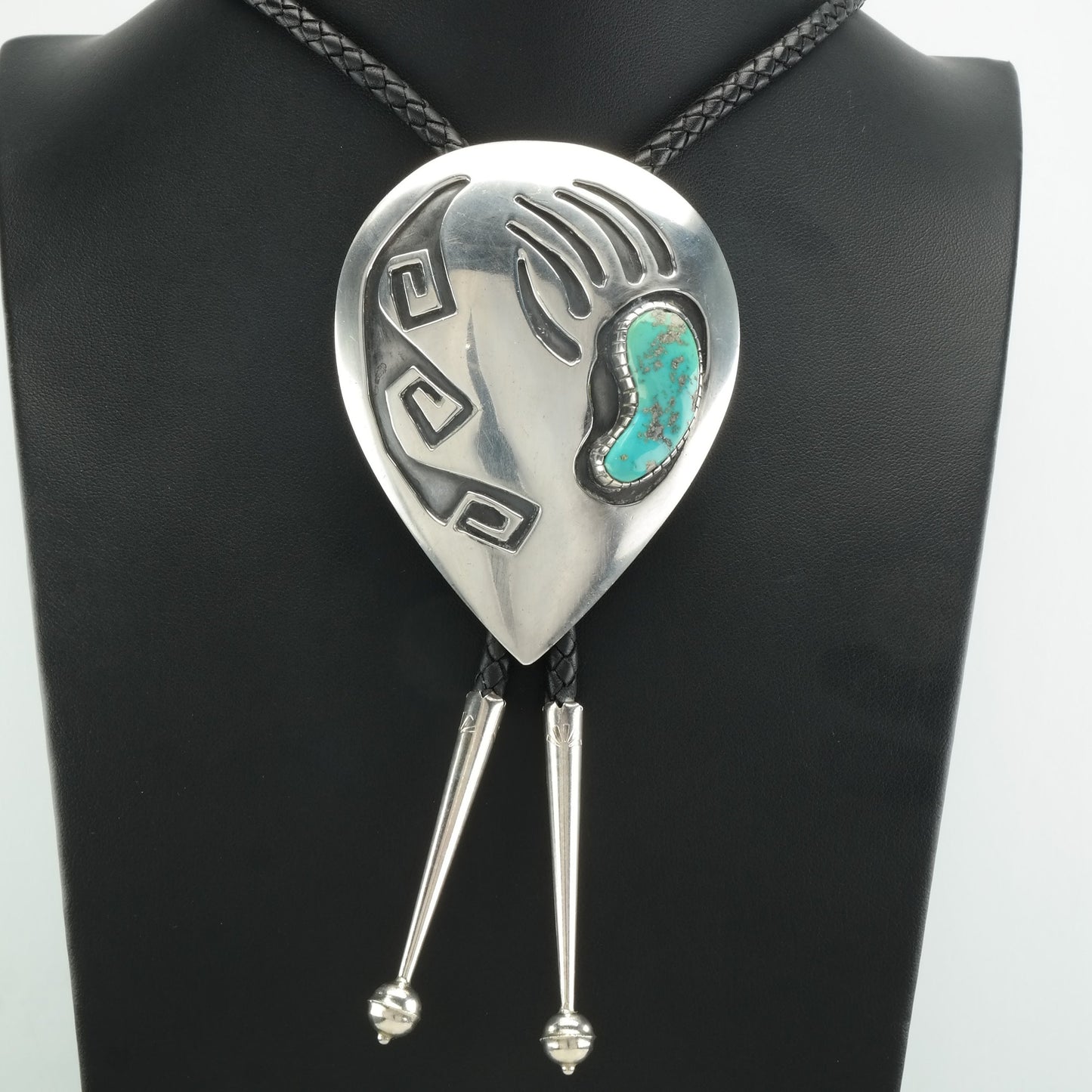 Vintage Navajo Sterling Silver Bolo Tie, Turquoise Bear Paw, Native American Jewelry, Southwestern Style, Mens Bolo Tie, 1970s